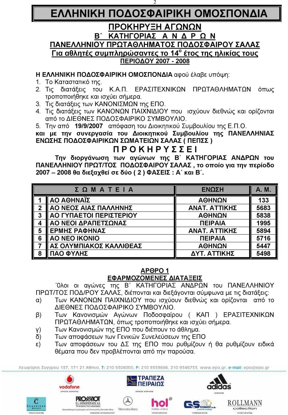 Τις διατάξεις των ΚΑΝΟΝΙΣΜΩΝ της ΕΠΟ. 4. Τις διατάξεις των ΚΑΝΟΝΩΝ ΠΑΙΧΝΙ ΙΟΥ που ισχύουν διεθνώς και ορίζονται από το ΙΕΘΝΕΣ ΠΟ ΟΣΦΑΙΡΙΚΟ ΣΥΜΒΟΥΛΙΟ. 5.