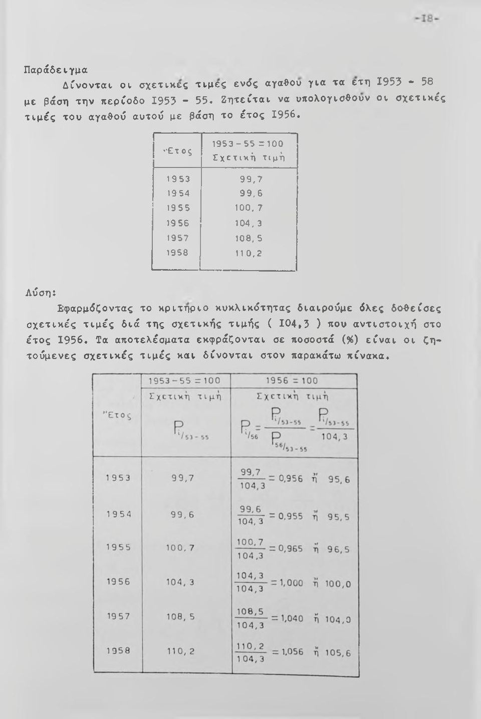 ' Ετος 1953-55 r 100 Σ χ ε τ ι κ ή τιμ ή 1953 9 9,7 1954 9 9,6 1955 100, 7 1956 104, 3 1957 108, 5 1958 11 0,2 Λύση: Εφαρμόζοντας το