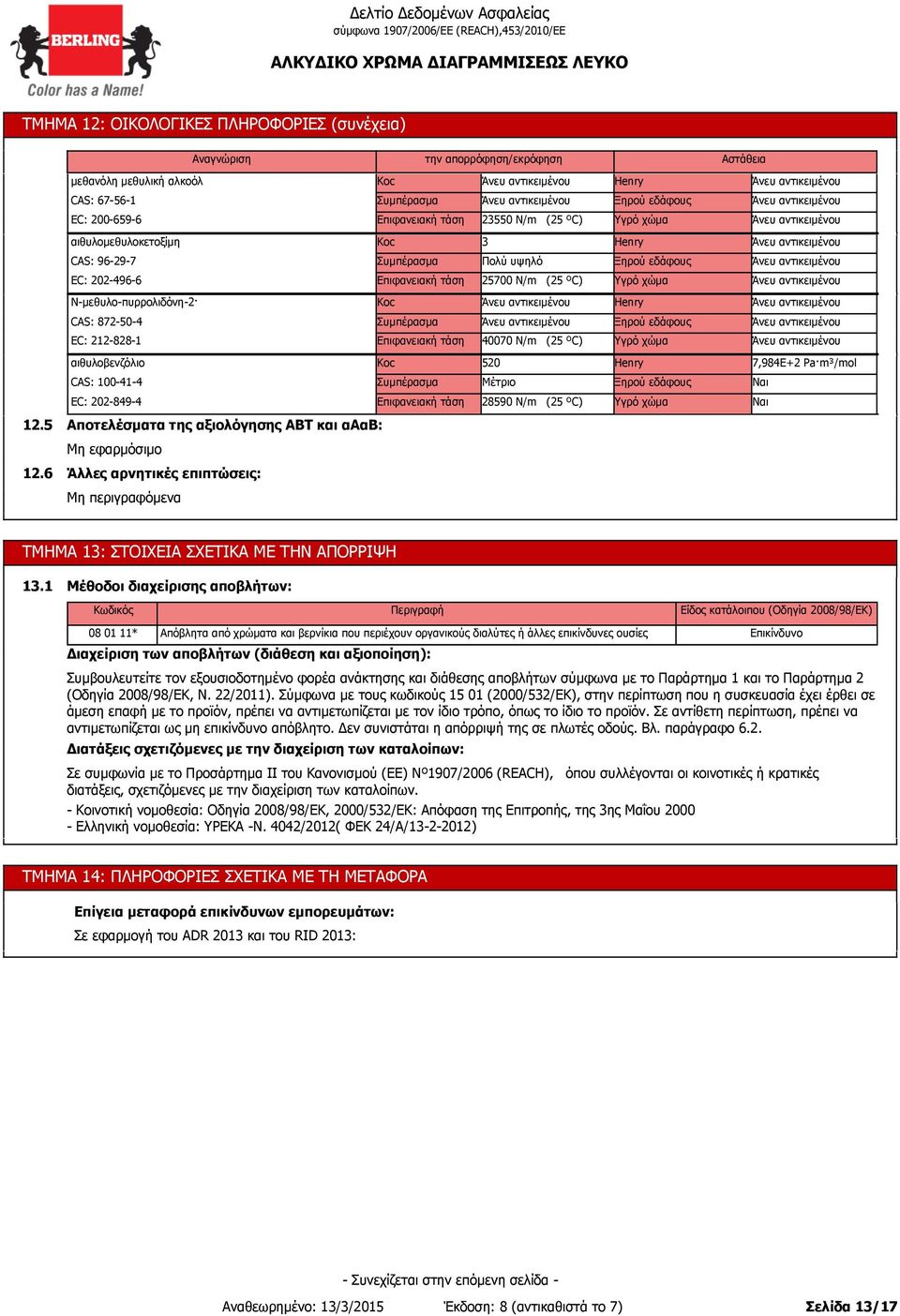 Henry 7,984E+2 Pa m³/mol 100-41-4 Συμπέρασμα Μέτριο Ξηρού εδάφους Ναι 202-849-4 Επιφανειακή τάση 28590 N/m (25 ºC) Υγρό χώμα Ναι 12.5 12.