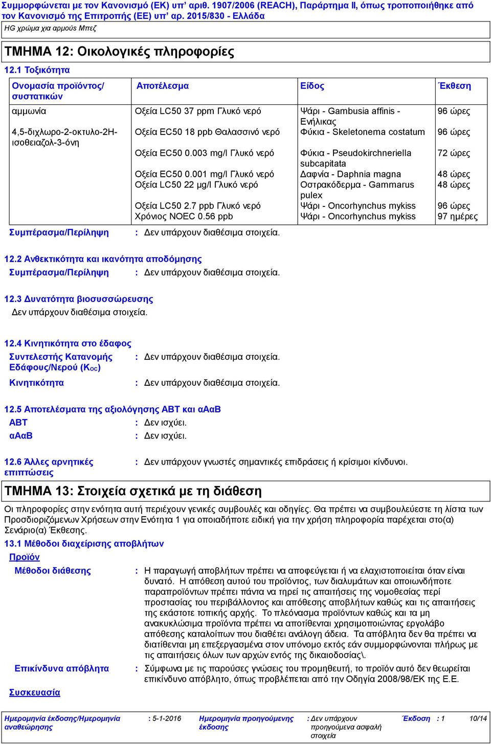 Skeletonema costatum 96 ώρες Οξεία EC50 0.003 mg/l Γλυκό νερό Φύκια Pseudokirchneriella 72 ώρες subcapitata Οξεία EC50 0.