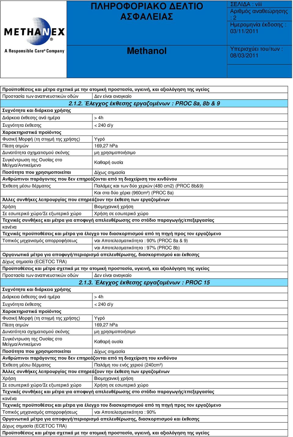 χέρια (960cm²) (PROC 8a) Βιοµηχανική χρήση Τοπικός µηχανισµός απορροφήσεως ναι Αποτελεσµατικότητα : 90% (PROC 8a & 9) ναι Αποτελεσµατικότητα : 97% (PROC