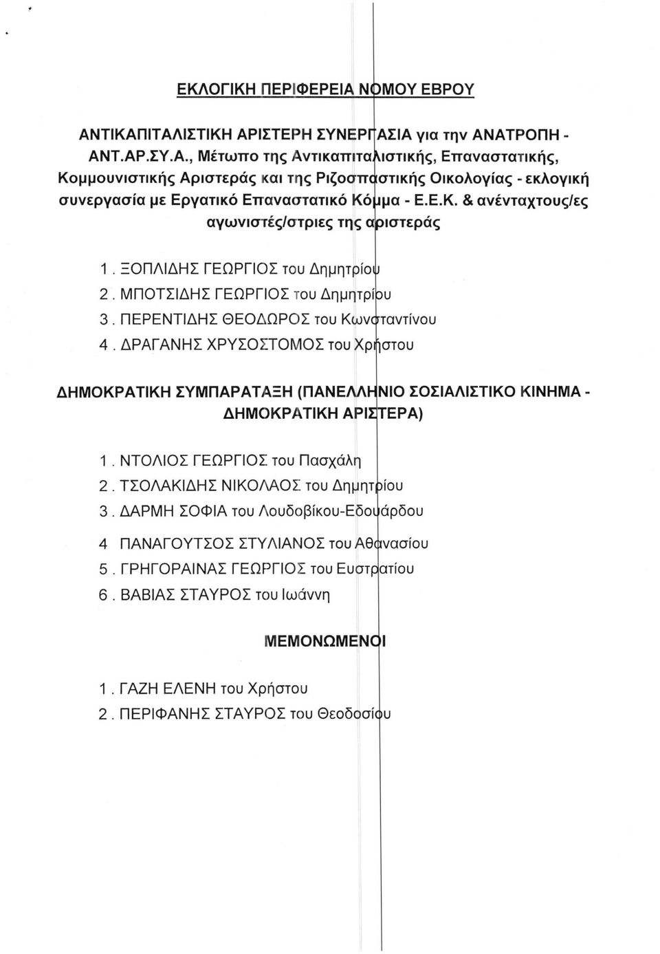 ΔΡΑΓΑΝΗΣ ΧΡΥΣΟΣΤΟΜΟΣ του Χρήστου ΔΗΜΟΚΡΑΤΙΚΗ ΣΥΜΠΑΡΑΤΑΞΗ (ΠΑΝΕΛΛΙΗΝΙΟ ΣΟΣΙΑΛΙΣΤΙΚΟ ΚΙΝΗΜΑ- ΔΗΜΟΚΡΑΤΙΚΗ ΑΡΙ ΣΤΕΡΑ) 1. ΝΤΟΑΙΟΣ ΓΕΩΡΓΙΟΣ του Πασχάλη 2. ΤΣΟΑΑΚΙΔΗΣ ΝΙΚΟΛΑΟΣ του Δημητόίου 3.