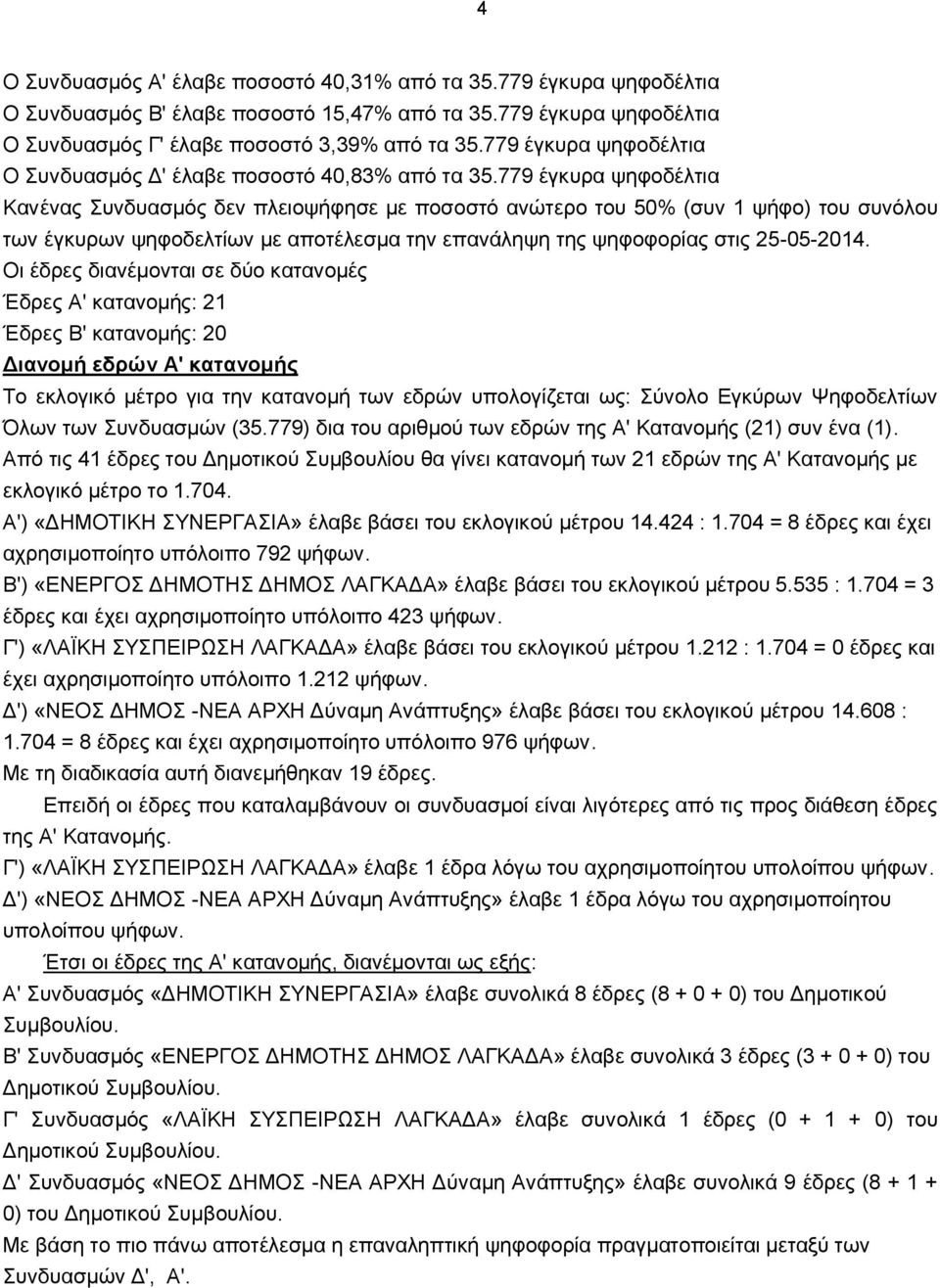 779 έγκυρα ψηφοδέλτια Κανένας Συνδυασμός δεν πλειοψήφησε με ποσοστό ανώτερο του 50% (συν 1 ψήφο) του συνόλου των έγκυρων ψηφοδελτίων με αποτέλεσμα την επανάληψη της ψηφοφορίας στις 25-05-2014.