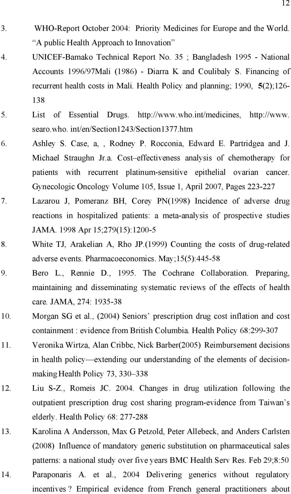 List of Essential Drugs. http://www.who.int/medicines, http://www. searo.who. int/en/section1243/section1377.htm 6. Ashley S. Case, a,, Rodney P. Rocconia, Edward E. Partridgea and J.