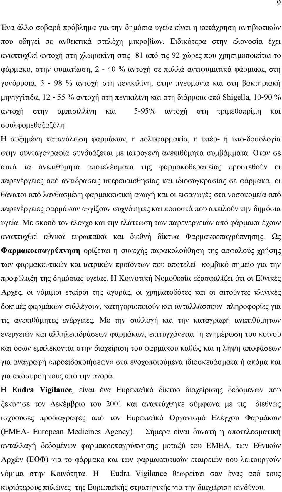 % αντοχή στη πενικιλίνη, στην πνευµονία και στη βακτηριακή µηνιγγίτιδα, 12-55 % αντοχή στη πενικιλίνη και στη διάρροια από Shigella, 10-90 % αντοχή στην αµπισιλλίνη και 5-95% αντοχή στη τριµεθοπρίµη