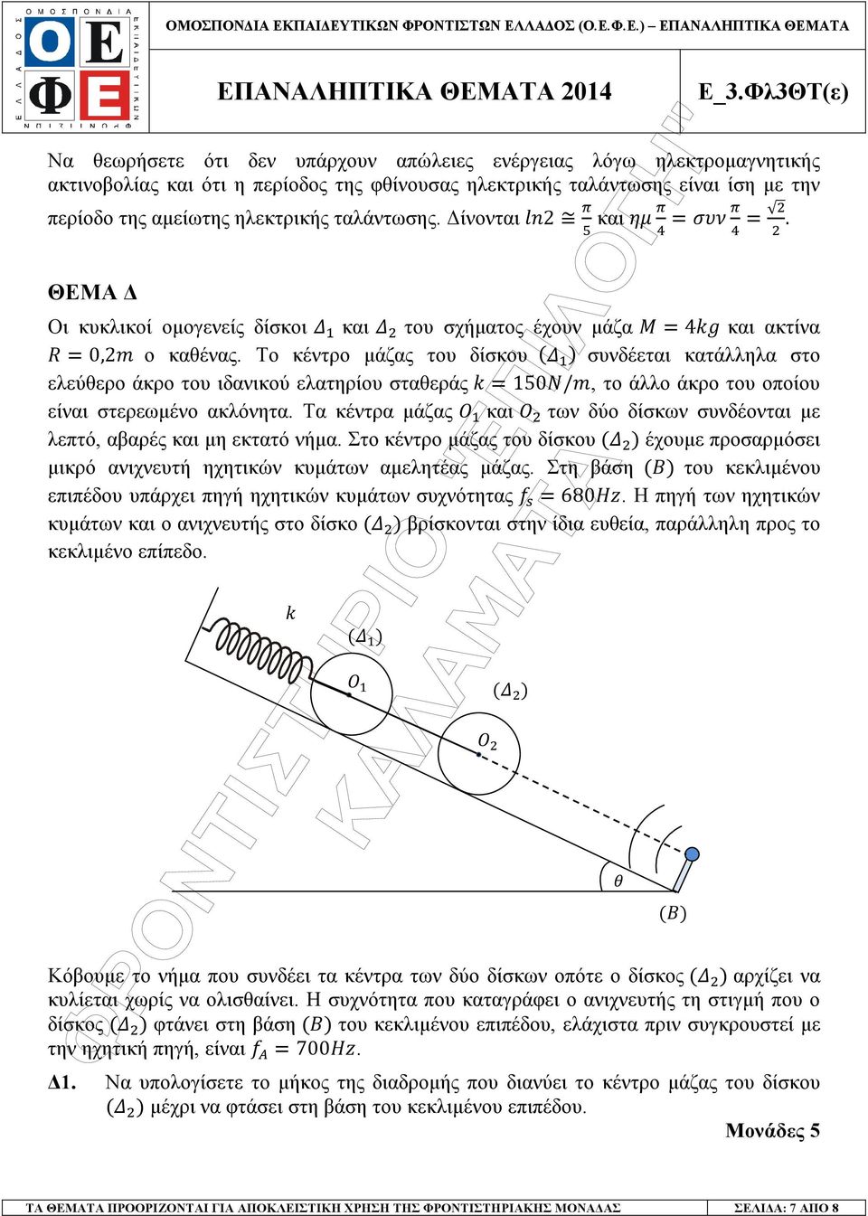 Το κέντρο µάζας του δίσκου συνδέεται κατάλληλα στο ελεύθερο άκρο του ιδανικού ελατηρίου σταθεράς 150/, το άλλο άκρο του οποίου είναι στερεωµένο ακλόνητα.