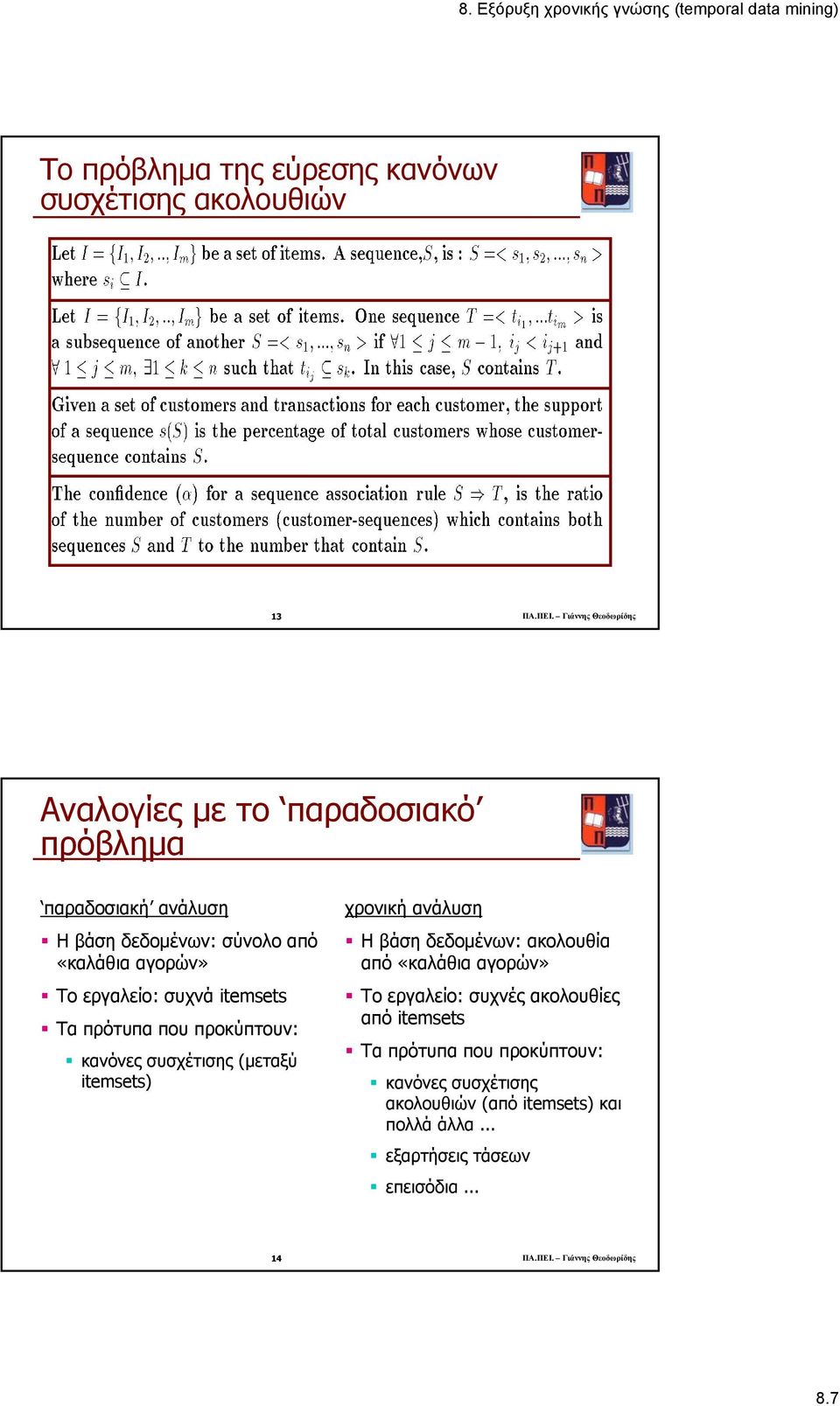 συχνά itemsets Τα πρότυπα που προκύπτουν: κανόνες συσχέτισης (µεταξύ itemsets) χρονική ανάλυση Η βάση δεδοµένων: ακολουθία από «καλάθια