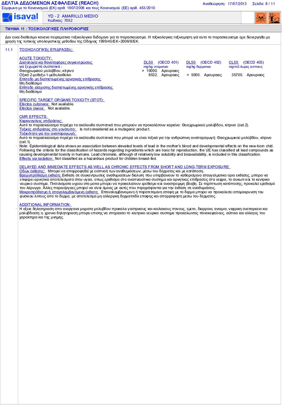 1 ΤΟΞΙΚΟΛΟΓΙΚΈς ΕΠΙΔΡΆΣΕΙς: ACUTE TOXICITY: Δοσολογία και θανατηφόρες συγκεντρώσεις για ξεχωριστά συστατικά : DL50 (OECD 401) DL50 (OECD 402) CL50 (OECD 403) mg/kg στοματικο mg/kg δερματικο mg/m3.