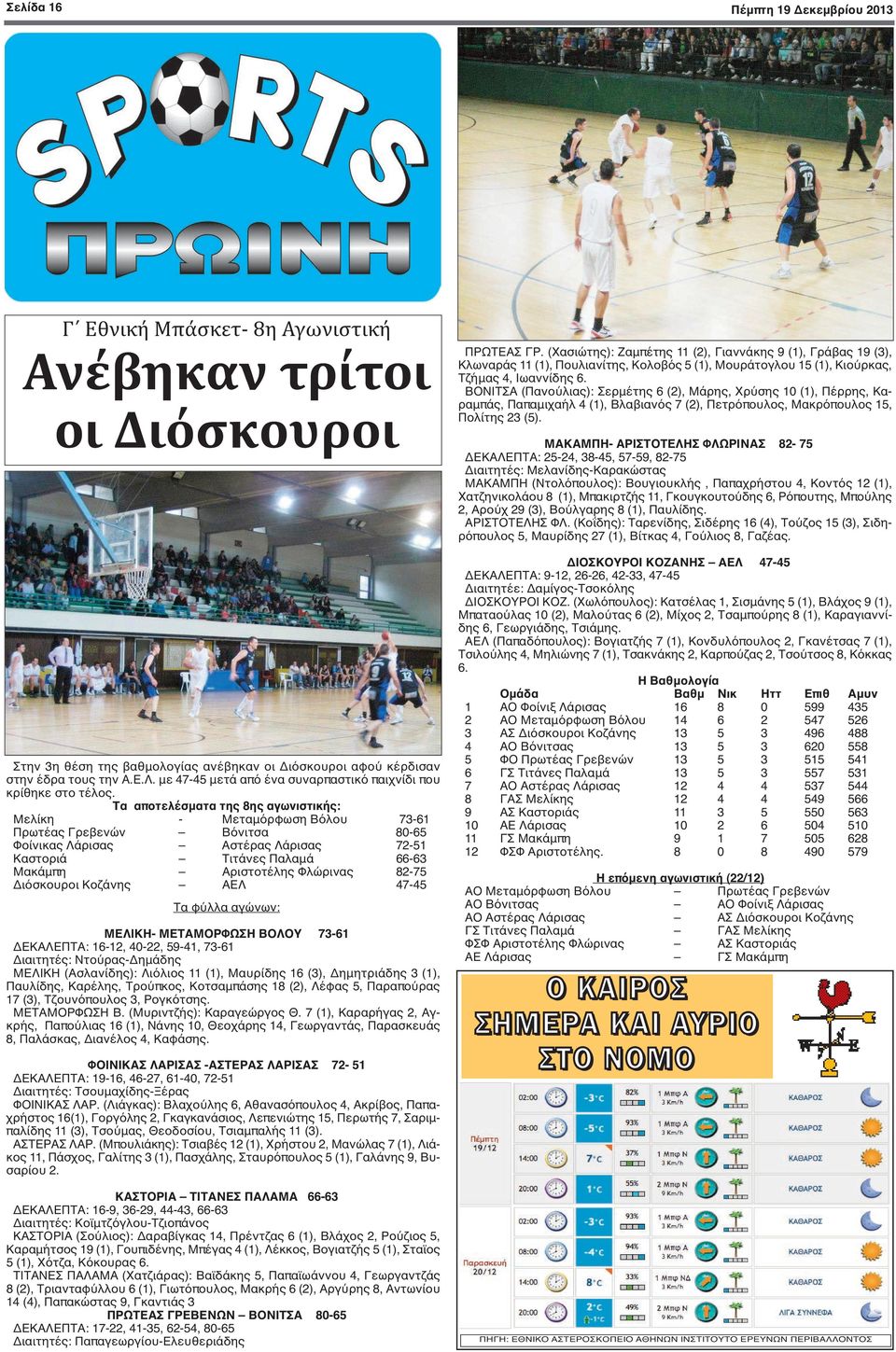 Τα αποτελέσματα της 8ης αγωνιστικής: Μελίκη - Μεταμόρφωση Βόλου 73-61 Πρωτέας Γρεβενών Βόνιτσα 80-65 Φοίνικας Λάρισας Αστέρας Λάρισας 72-51 Καστοριά Τιτάνες Παλαμά 66-63 Μακάμπη Αριστοτέλης Φλώρινας