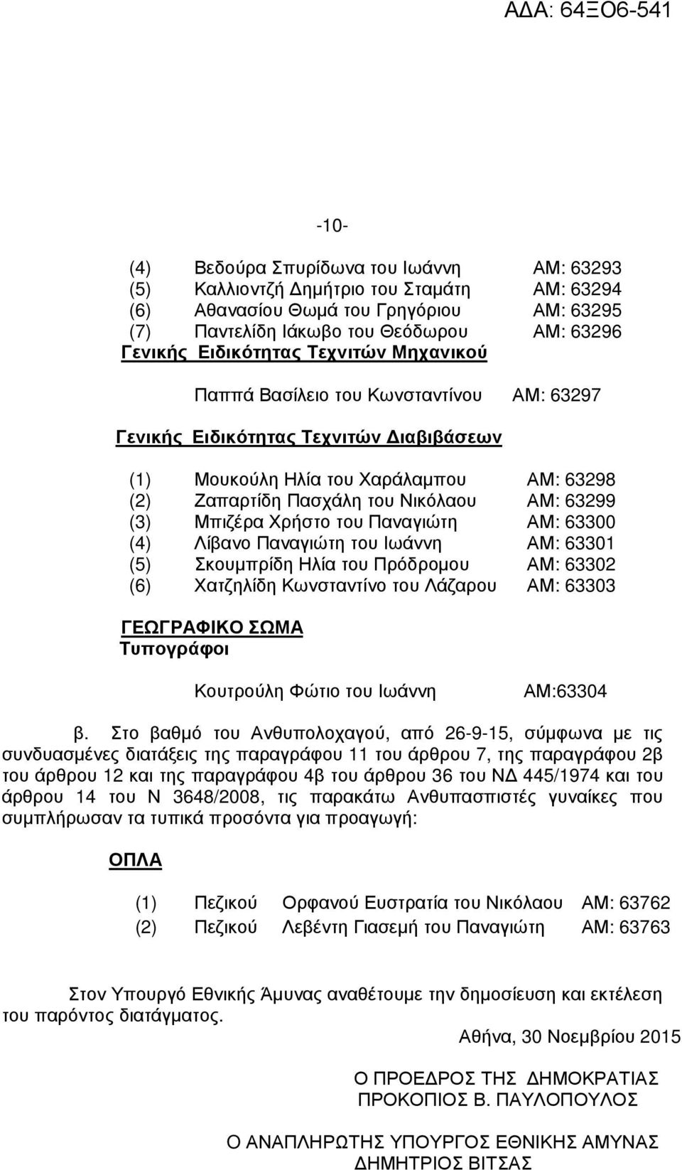 Μπιζέρα Χρήστο του Παναγιώτη ΑΜ: 63300 (4) Λίβανο Παναγιώτη του Ιωάννη ΑΜ: 63301 (5) Σκουµπρίδη Ηλία του Πρόδροµου ΑΜ: 63302 (6) Χατζηλίδη Κωνσταντίνο του Λάζαρου ΑΜ: 63303 ΓΕΩΓΡΑΦΙΚΟ ΣΩΜΑ Τυπογράφοι