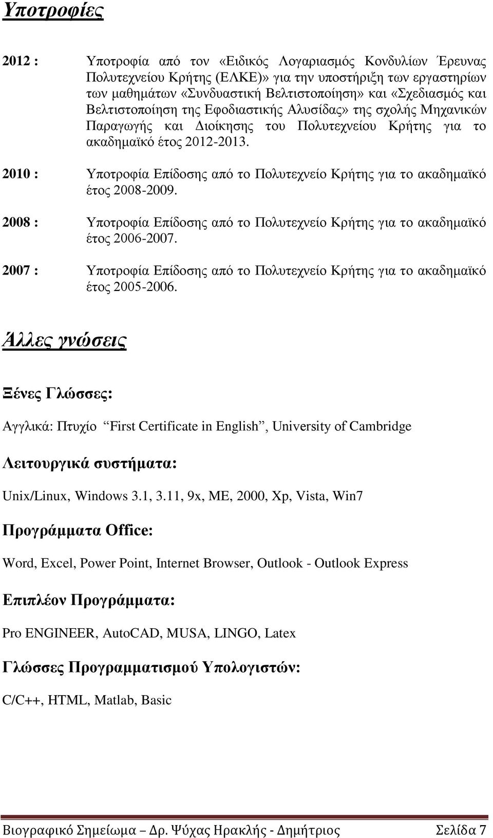 2010 : Υποτροφία Επίδοσης από το Πολυτεχνείο Κρήτης για το ακαδημαϊκό έτος 2008-2009. 2008 : Υποτροφία Επίδοσης από το Πολυτεχνείο Κρήτης για το ακαδημαϊκό έτος 2006-2007.