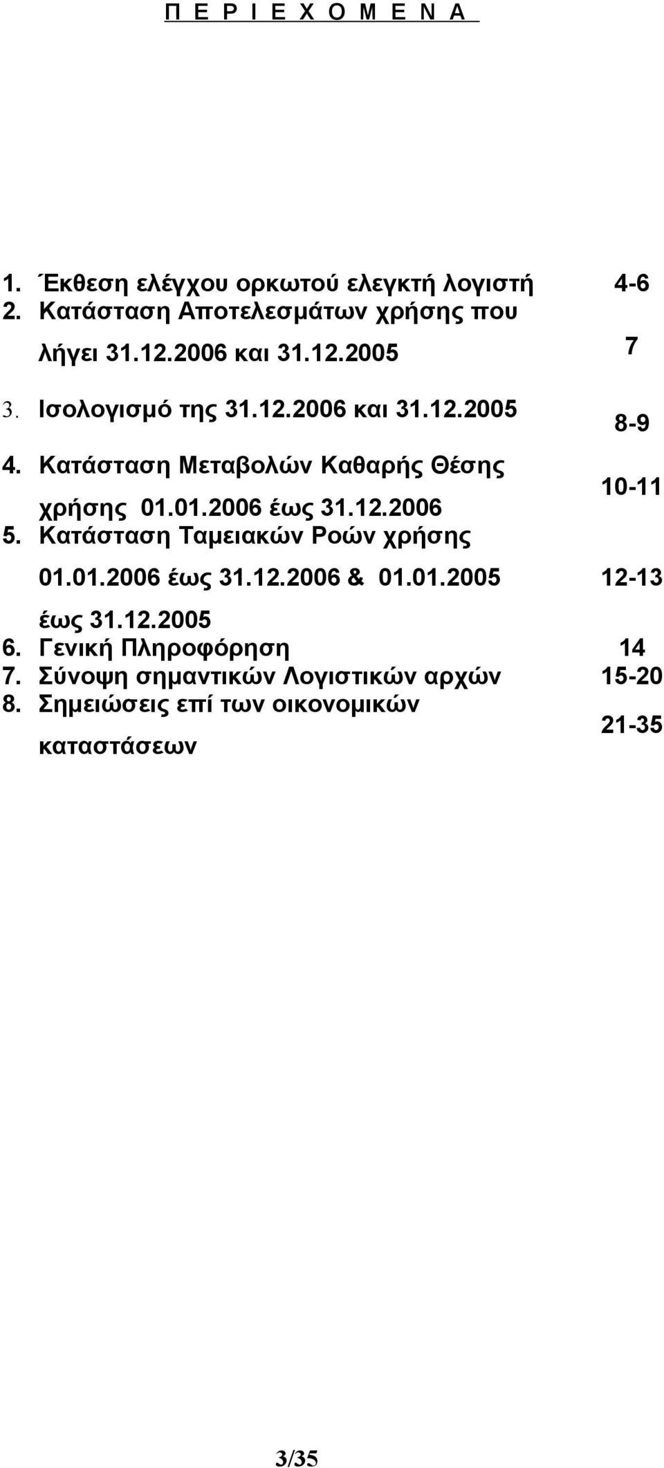 01.2006 έως 31.12.2006 5. Κατάσταση Ταμειακών Ροών χρήσης 01.01.2006 έως 31.12.2006 & 01.01.2005 8-9 10-11 12-13 έως 31.