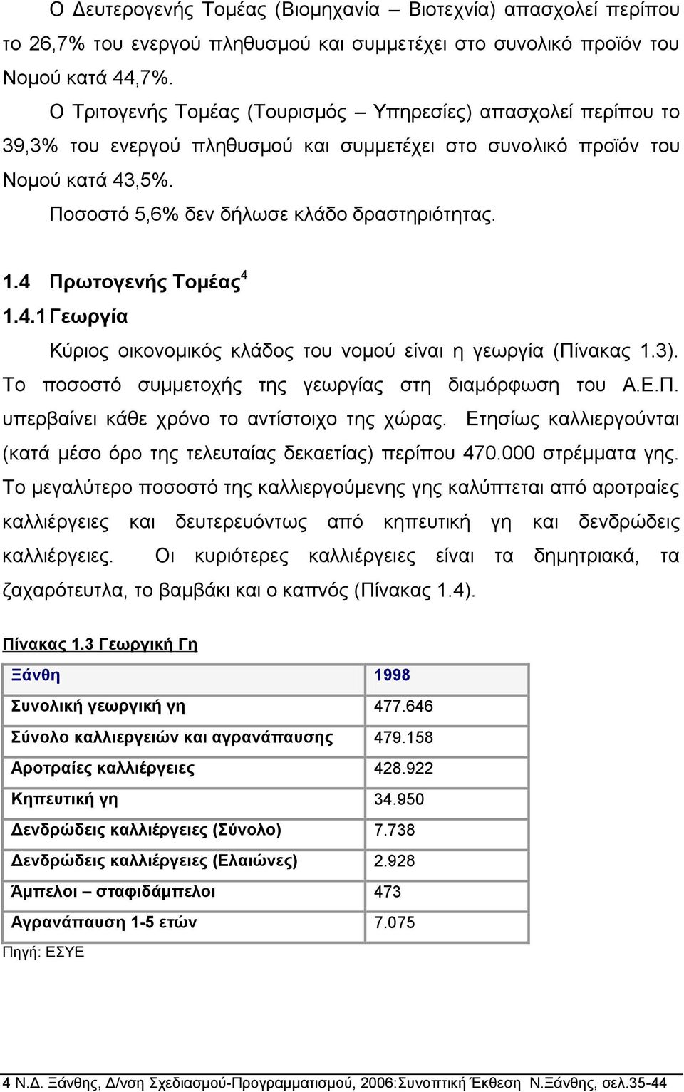 4 Πξσηνγελήο Σνκέαο 4 1.4.1 Γεσξγία Κχξηνο νηθνλνκηθφο θιάδνο ηνπ λνκνχ είλαη ε γεσξγία (Πίλαθαο 1.3). Σν πνζνζηφ ζπκκεηνρήο ηεο γεσξγίαο ζηε δηακφξθσζε ηνπ Α.Δ.Π. ππεξβαίλεη θάζε ρξφλν ην αληίζηνηρν ηεο ρψξαο.