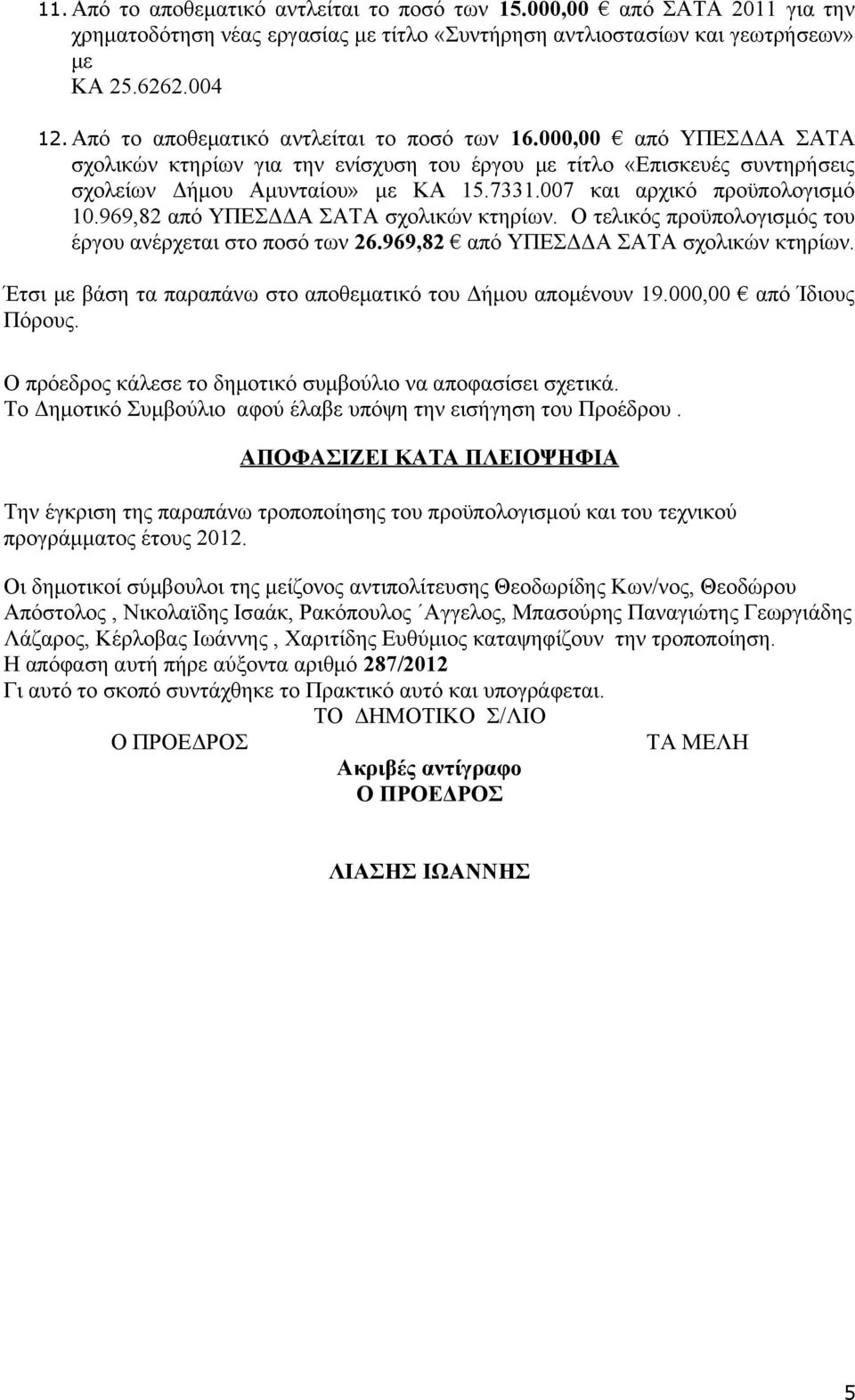 007 και αρχικό προϋπολογισμό 10.969,82 από ΥΠΕΣΔΔΑ ΣΑΤΑ σχολικών κτηρίων. Ο τελικός προϋπολογισμός του έργου ανέρχεται στο ποσό των 26.969,82 από ΥΠΕΣΔΔΑ ΣΑΤΑ σχολικών κτηρίων. Έτσι με βάση τα παραπάνω στο αποθεματικό του Δήμου απομένουν 19.