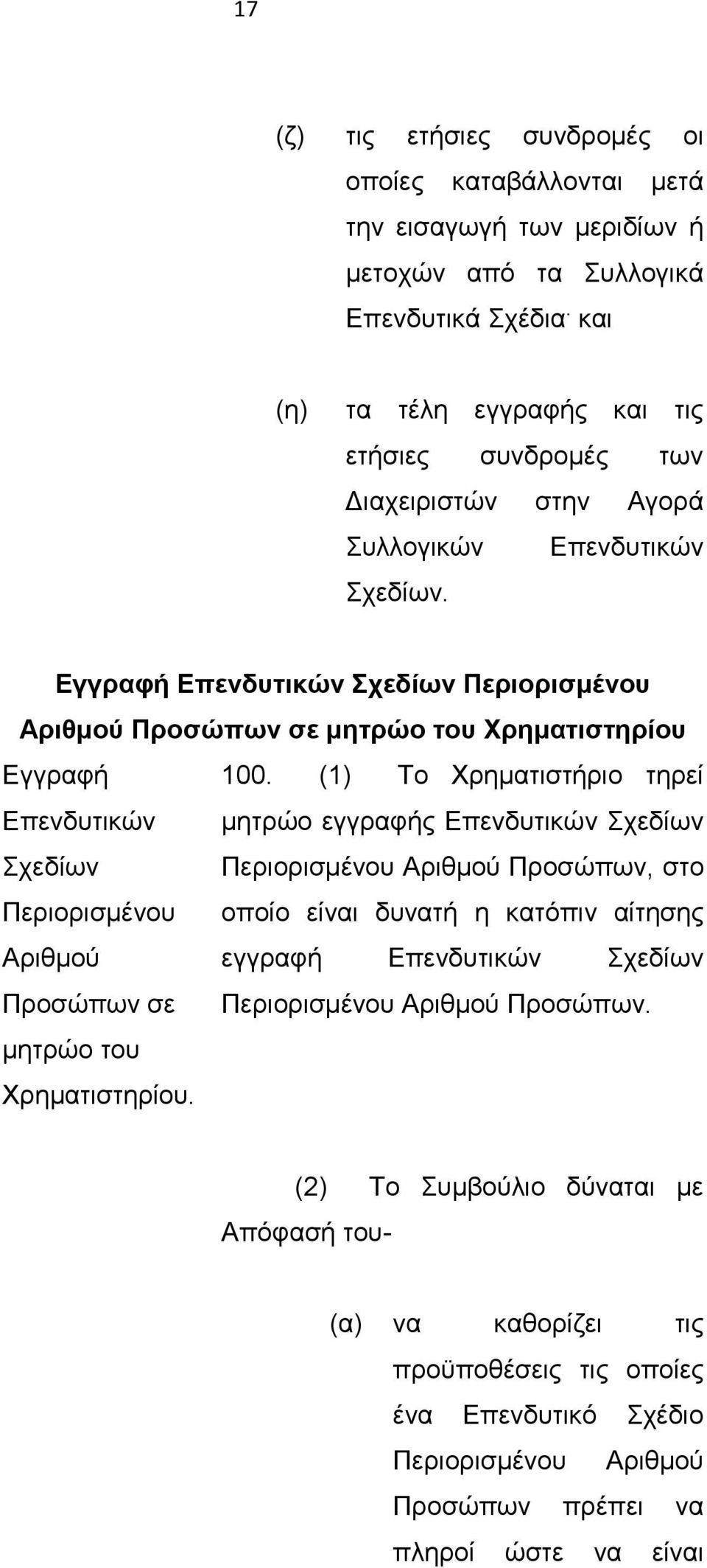 Εγγραφή Επενδυτικών Σχεδίων Περιορισμένου Αριθμού Προσώπων σε μητρώο του Χρηματιστηρίου Εγγραφή 100.