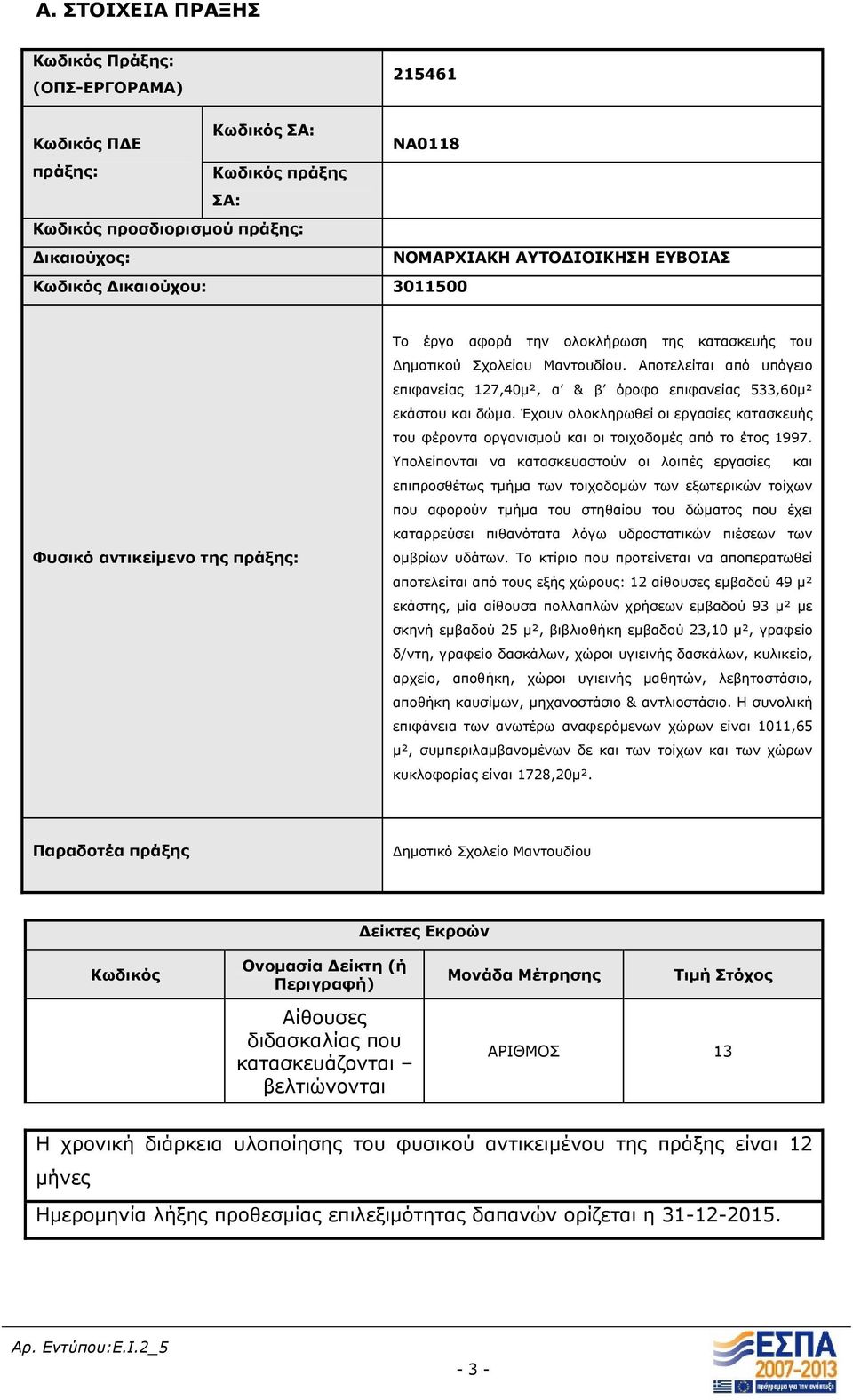 Αποτελείται από υπόγειο επιφανείας 127,40μ², α & β όροφο επιφανείας 533,60μ² εκάστου και δώμα. Έχουν ολοκληρωθεί οι εργασίες κατασκευής του φέροντα οργανισμού και οι τοιχοδομές από το έτος 1997.