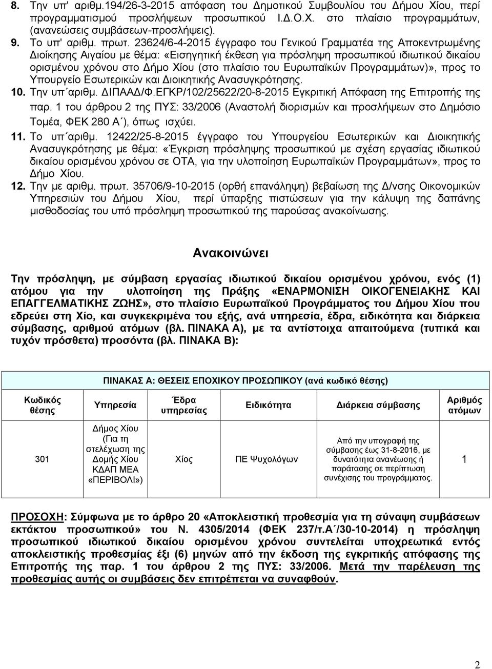 23624/6-4-2015 έγγραφο του Γενικού Γραμματέα της Αποκεντρωμένης Διοίκησης Αιγαίου με θέμα: «Εισηγητική έκθεση για πρόσληψη προσωπικού ιδιωτικού δικαίου ορισμένου χρόνου στο Δήμο Χίου (στο πλαίσιο του