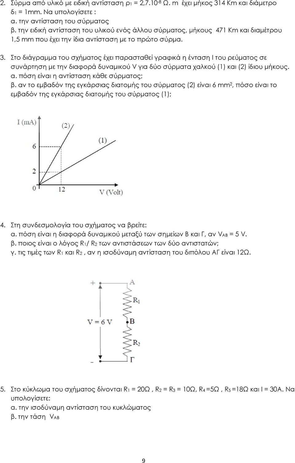Στο διάγραμμα του σχήματος έχει παρασταθεί γραφικά η ένταση Ι του ρεύματος σε συνάρτηση με την διαφορά δυναμικού V για δύο σύρματα χαλκού (1) και (2) ίδιου μήκους. α.