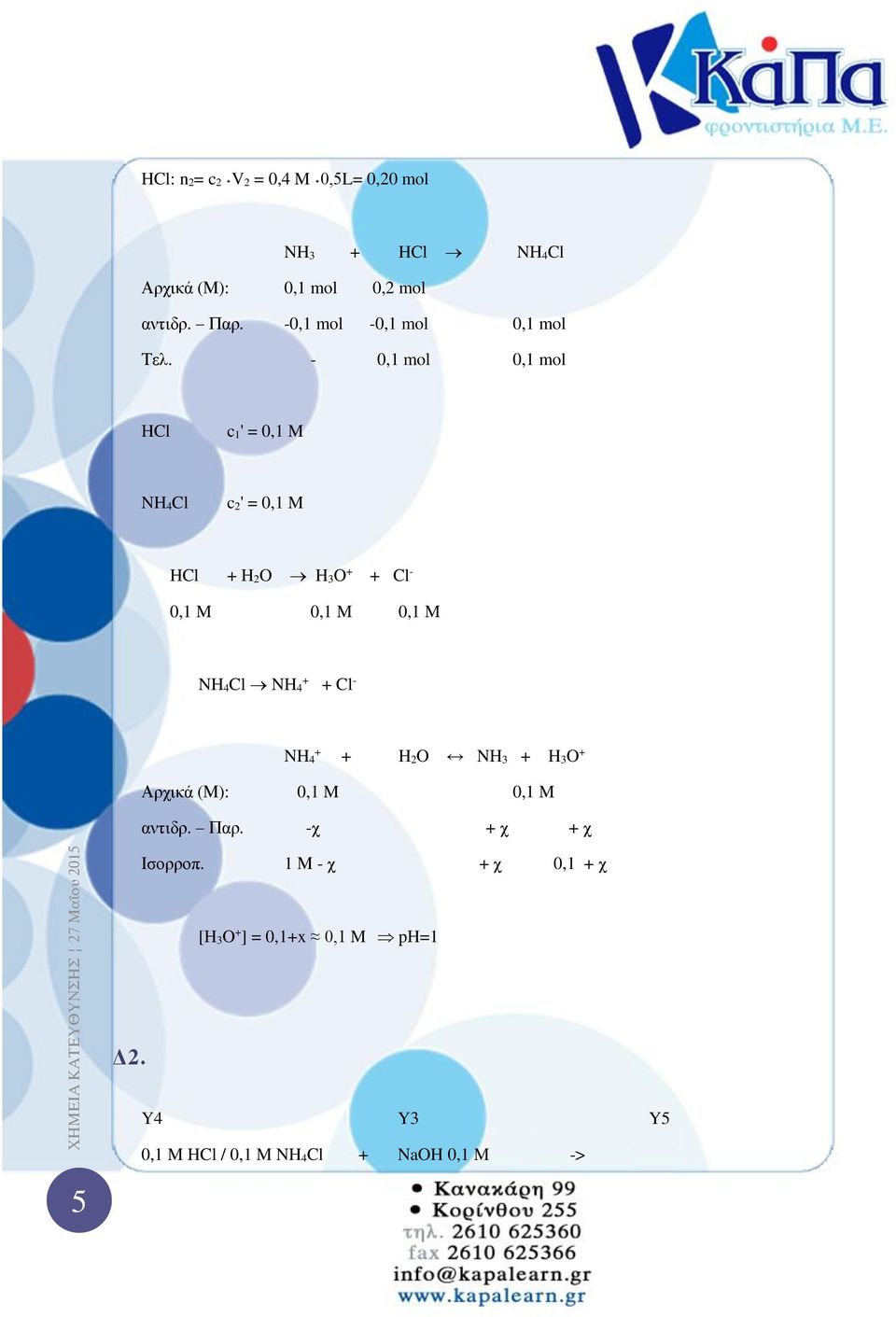 - 0,1 mol 0,1 mol HCl c 1' = 0,1 M NH 4Cl c 2' = 0,1 M HCl H 2O H 3O Cl - 0,1 M 0,1 M 0,1 M NH 4Cl NH