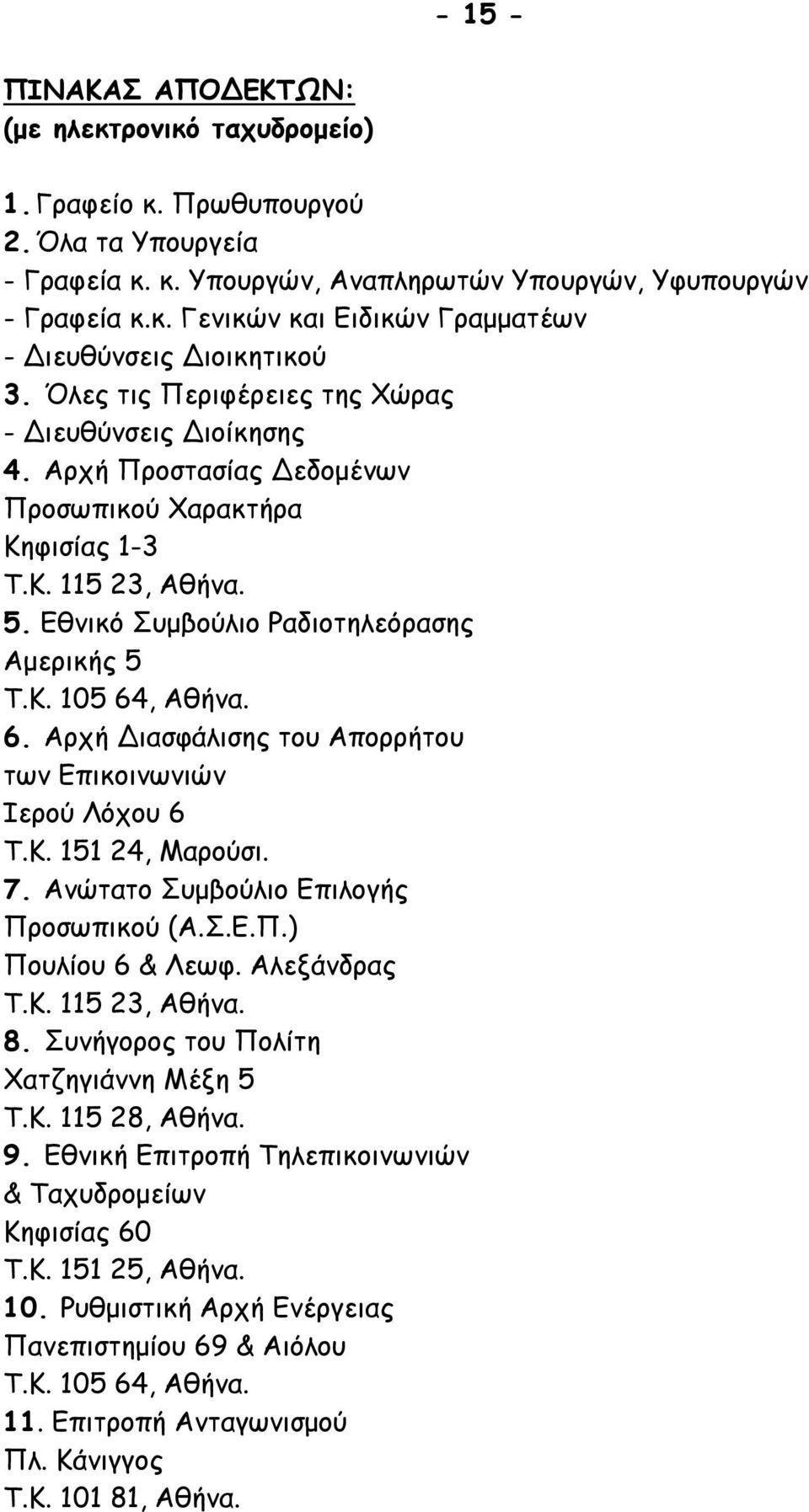 6. Αρχή Διασφάλισης του Απορρήτου των Επικοινωνιών Ιερού Λόχου 6 Τ.Κ. 151 24, Μαρούσι. 7. Ανώτατο Συμβούλιο Επιλογής Προσωπικού (Α.Σ.Ε.Π.) Πουλίου 6 & Λεωφ. Αλεξάνδρας Τ.Κ. 115 23, Αθήνα. 8.