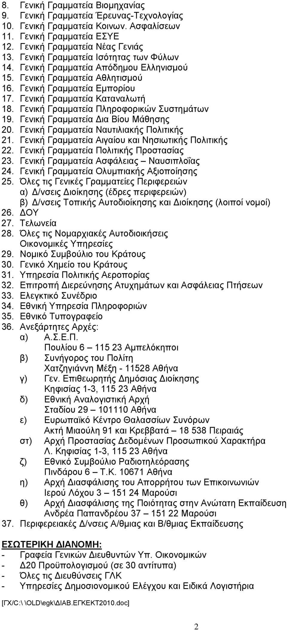 Γενική Γραμματεία Πληροφορικών Συστημάτων 19. Γενική Γραμματεία Δια Βίου Μάθησης 20. Γενική Γραμματεία Ναυτιλιακής Πολιτικής 21. Γενική Γραμματεία Αιγαίου και Νησιωτικής Πολιτικής 22.