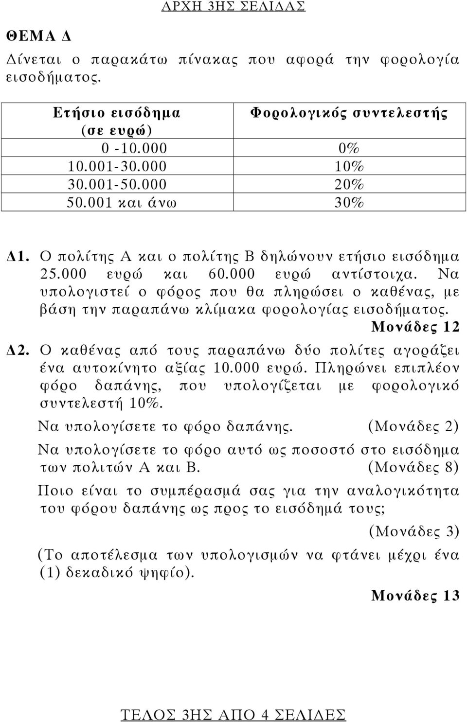 Να υπολογιστεί ο φόρος που θα πληρώσει ο καθένας, με βάση την παραπάνω κλίμακα φορολογίας εισοδήματος. Μονάδες 12 2. Ο καθένας από τους παραπάνω δύο πολίτες αγοράζει ένα αυτοκίνητο αξίας 10.000 ευρώ.