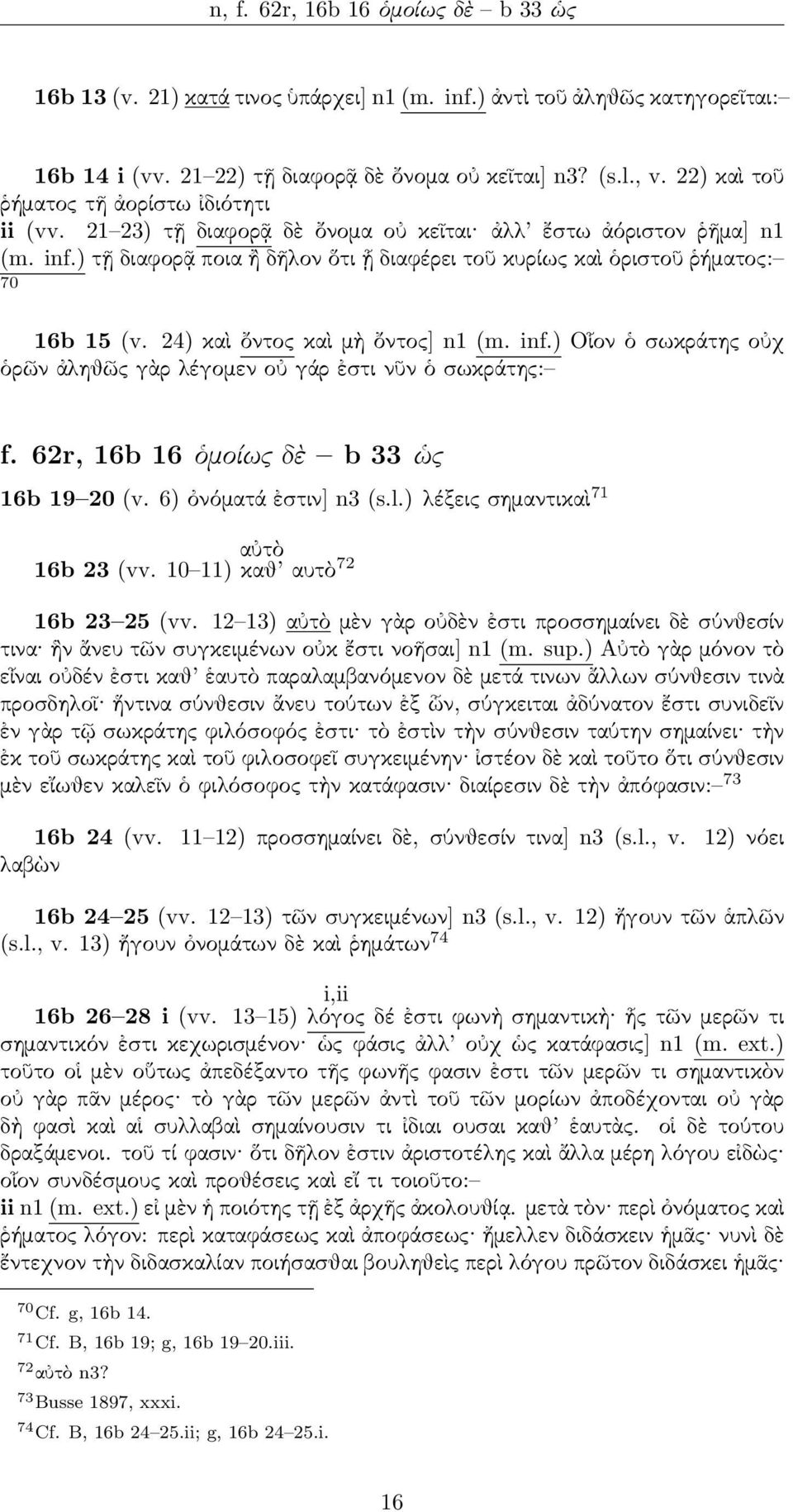 ) τῇ διαφορᾷ οια ἢ δῆλον ὅτι ᾗ διαφέρει τοῦ κυρίως καὶ ὁριστοῦ ῥήματος: 70 16b 15 (v. 24) καὶ ὄντος καὶ μὴ ὄντος] n1 (m. inf.