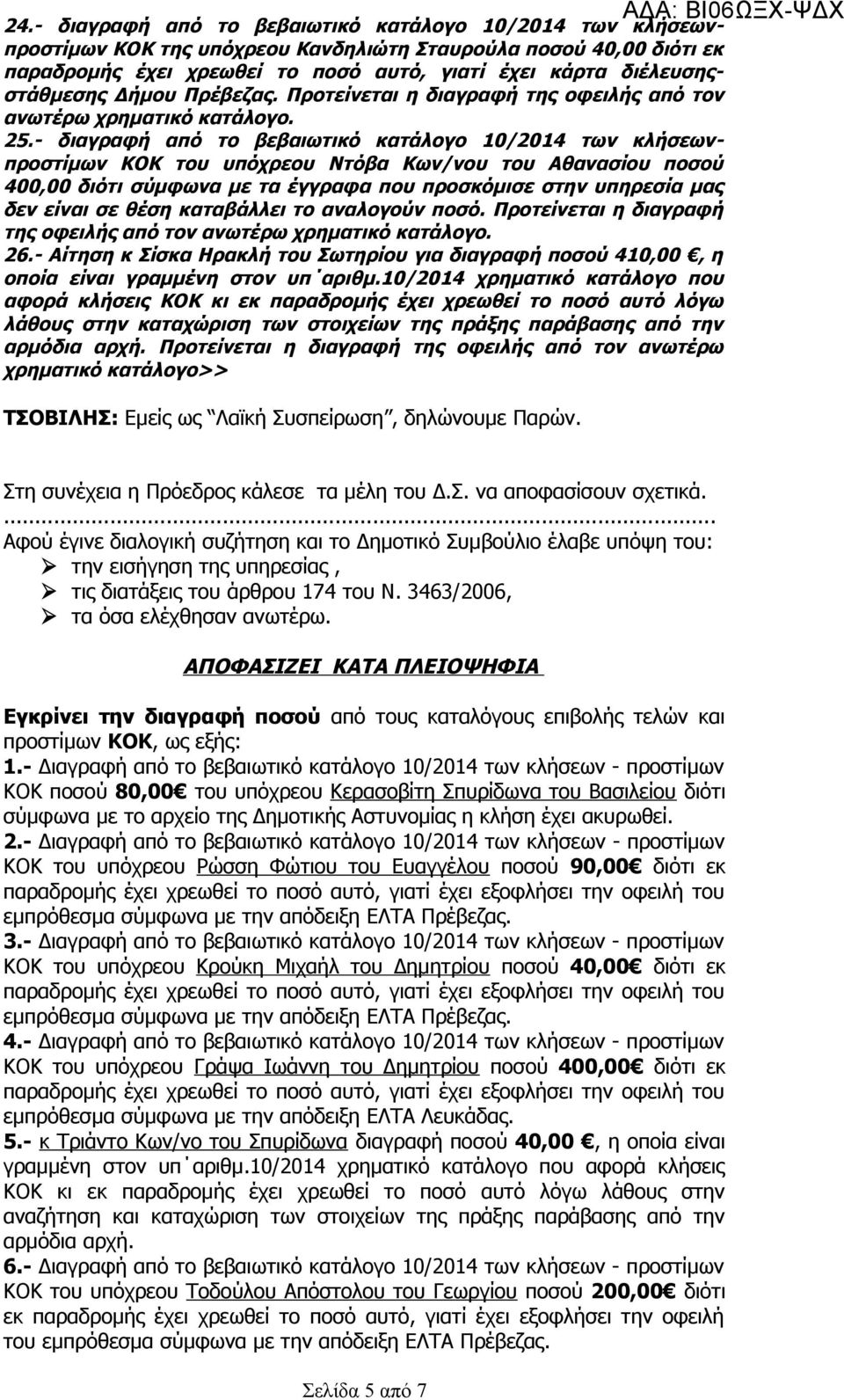 - διαγραφή από το βεβαιωτικό κατάλογο 10/2014 των κλήσεωνπροστίμων ΚΟΚ του υπόχρεου Ντόβα Κων/νου του Αθανασίου ποσού 400,00 διότι σύμφωνα με τα έγγραφα που προσκόμισε στην υπηρεσία μας δεν είναι σε