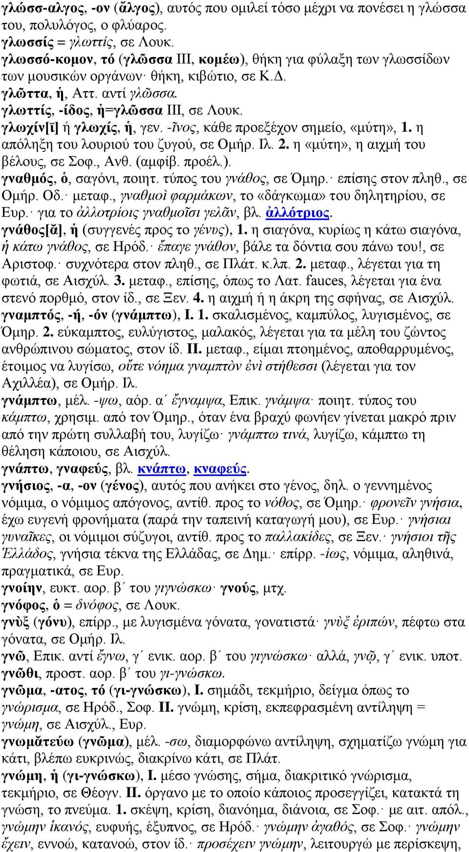 γλωχίν[ῑ] ή γλωχίς, ἡ, γεν. -ῖνος, κάθε προεξέχον σημείο, «μύτη», 1. η απόληξη του λουριού του ζυγού, σε Ομήρ. Ιλ. 2. η «μύτη», η αιχμή του βέλους, σε Σοφ., Ανθ. (αμφίβ. προέλ.).