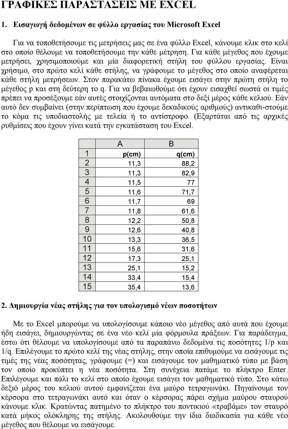 Για κάθε μέγεθος που έχουμε μετρήσει, χρησιμοποιούμε και μία διαφορετική στήλη του φύλλου εργασίας.