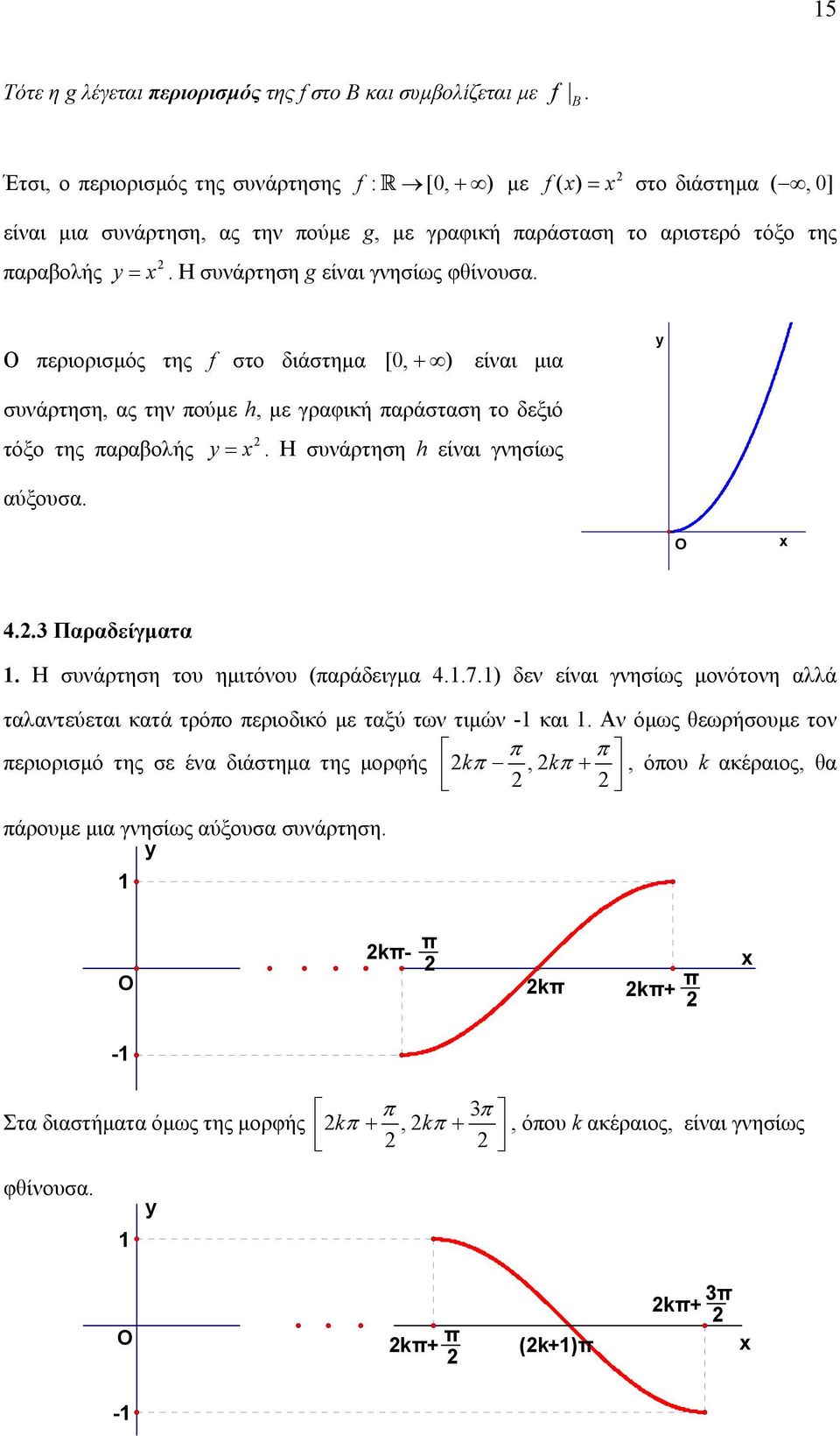 παραβολής = Η συνάρτηση h είναι γνησίως αύξουσα 43 Παραδείγµατα Η συνάρτηση του ηµιτόνου (παράδειγµα 47) δεν είναι γνησίως µονότονη αλλά ταλαντεύεται κατά τρόπο περιοδικό µε ταξύ των τιµών - και Αν