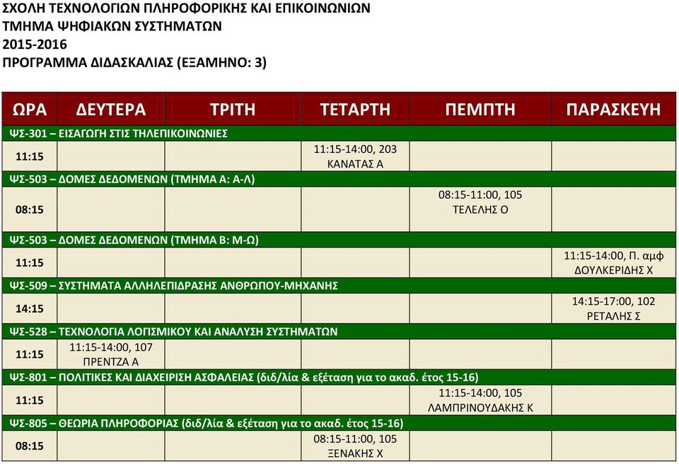 ΚΑΙ ΑΝΑΛΥΣΗ ΣΥΣΤΗΜΑΤΩΝ -14:00, 107 ΠΡΕΝΤΖΑ Α ΨΣ-801 ΠΟΛΙΤΙΚΕΣ ΚΑΙ ΔΙΑΧΕΙΡΙΣΗ ΑΣΦΑΛΕΙΑΣ (διδ/λία & εξέταση για το ακαδ.