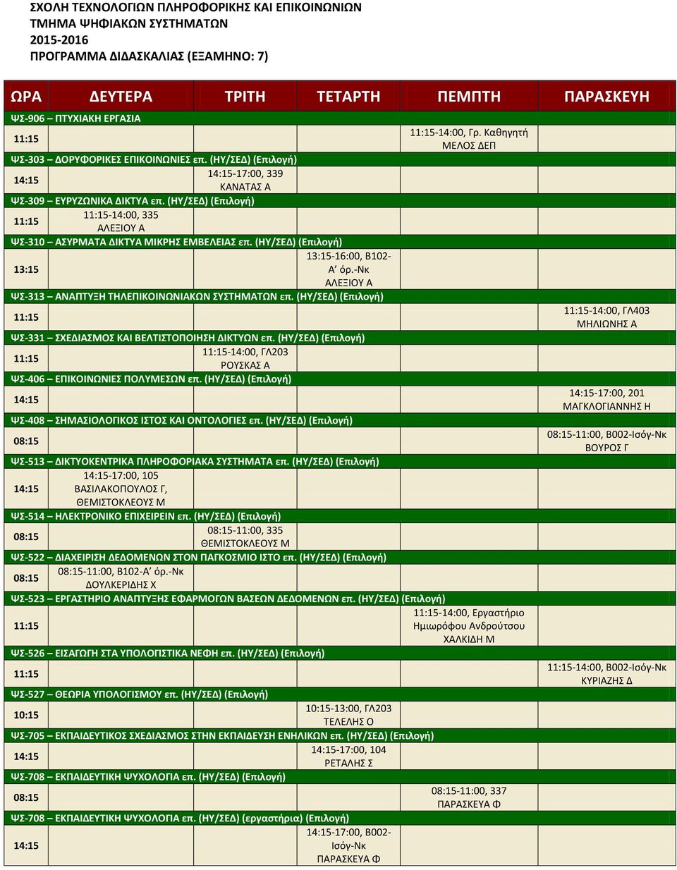 (ΗΥ/ΣΕΔ) (Επιλογή) ΨΣ-331 ΣΧΕΔΙΑΣΜΟΣ ΚΑΙ ΒΕΛΤΙΣΤΟΠΟΙΗΣΗ ΔΙΚΤΥΩΝ επ. (ΗΥ/ΣΕΔ) (Επιλογή) -14:00, ΓΛ203 ΡΟΥΣΚΑΣ Α ΨΣ-406 ΕΠΙΚΟΙΝΩΝΙΕΣ ΠΟΛΥΜΕΣΩΝ επ.