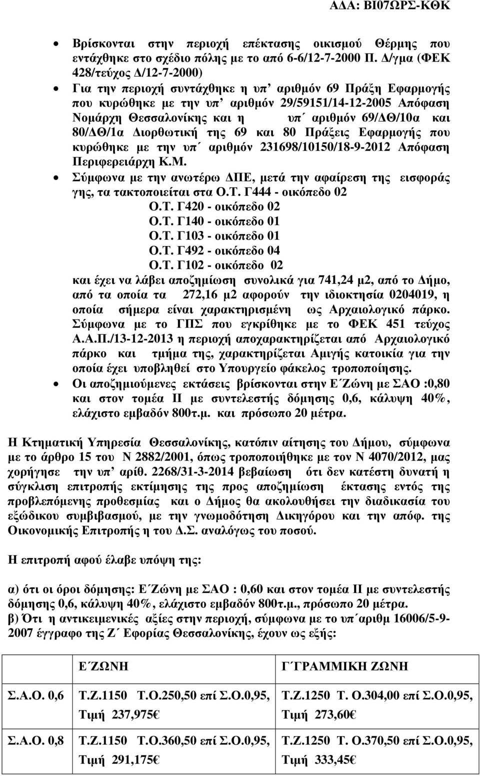 και 80/ Θ/1α ιορθωτική της 69 και 80 Πράξεις Εφαρµογής που κυρώθηκε µε την υπ αριθµόν 231698/10150/18-9-2012 Απόφαση Περιφερειάρχη Κ.Μ.