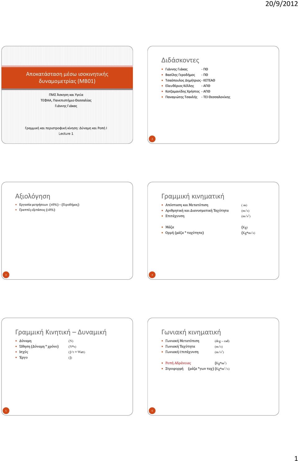 (Γεροδήμος) Γραπτές εξετάσεις (60%) Γραμμική κινηματική Απόσταση και Μετατόπιση ( m) Αριθμητική και Διανυσματική Ταχύτητα (m/s) Επιτάχυνση (m/s 2 ) Μάζα Ορμή (μάζα * ταχύτητα) (Kg) (Kg*m/s) 3 4