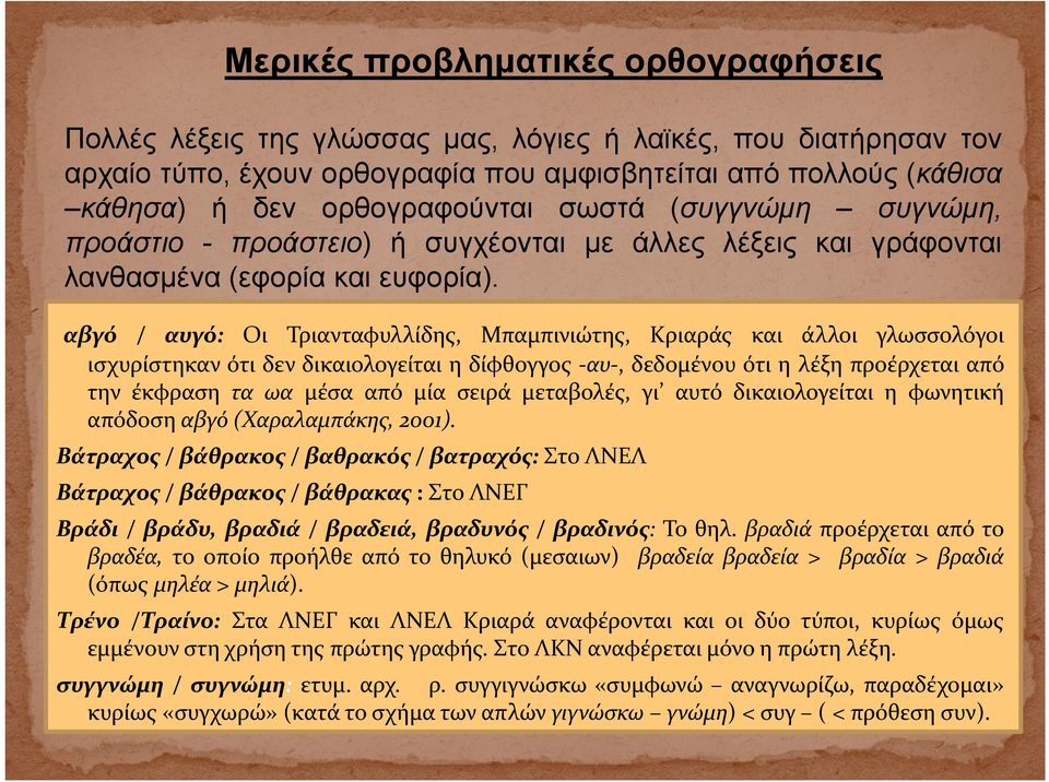αβγό / αυγό: Οι Τριανταφυλλίδης, Μπαμπινιώτης, Κριαράς και άλλοι γλωσσολόγοι ισχυρίστηκαν ότι δεν δικαιολογείται η δίφθογγος αυ, δεδομένουότιηλέξηπροέρχεταιαπό την έκφραση τα ωα μέσα από μία σειρά