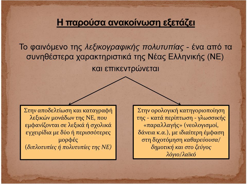 με δύο ή περισσότερες μορφές (διπλοτυπίες ή πολυτυπίες της ΝΕ) Στην ορολογική κατηγοριοποίηση της κατά περίπτωση