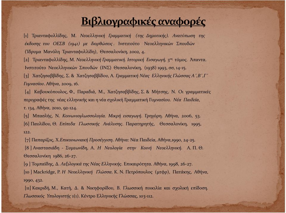 Ινστιτούτο Νεοελληνικών Σπουδών (ΙΝΣ) Θεσσαλονίκη, (1938) 1993, σσ, 14 15. [3] Χατζησαββίδης, Σ. & Χατζησαββίδου, Α. Γραμματική Νέας Ελληνικής Γλώσσας Α,Β,Γ Γυμνασίου. Αθήνα, 2009, 16.