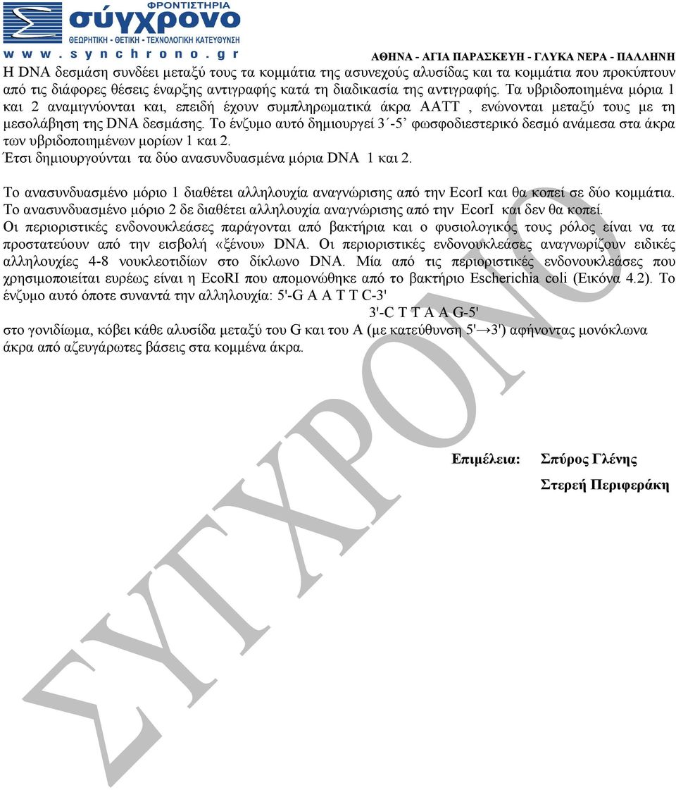 Το ένζυμο αυτό δημιουργεί 3-5 φωσφοδιεστερικό δεσμό ανάμεσα στα άκρα των υβριδοποιημένων μορίων 1 και 2. Έτσι δημιουργούνται τα δύο ανασυνδυασμένα μόρια DNA 1 και 2.