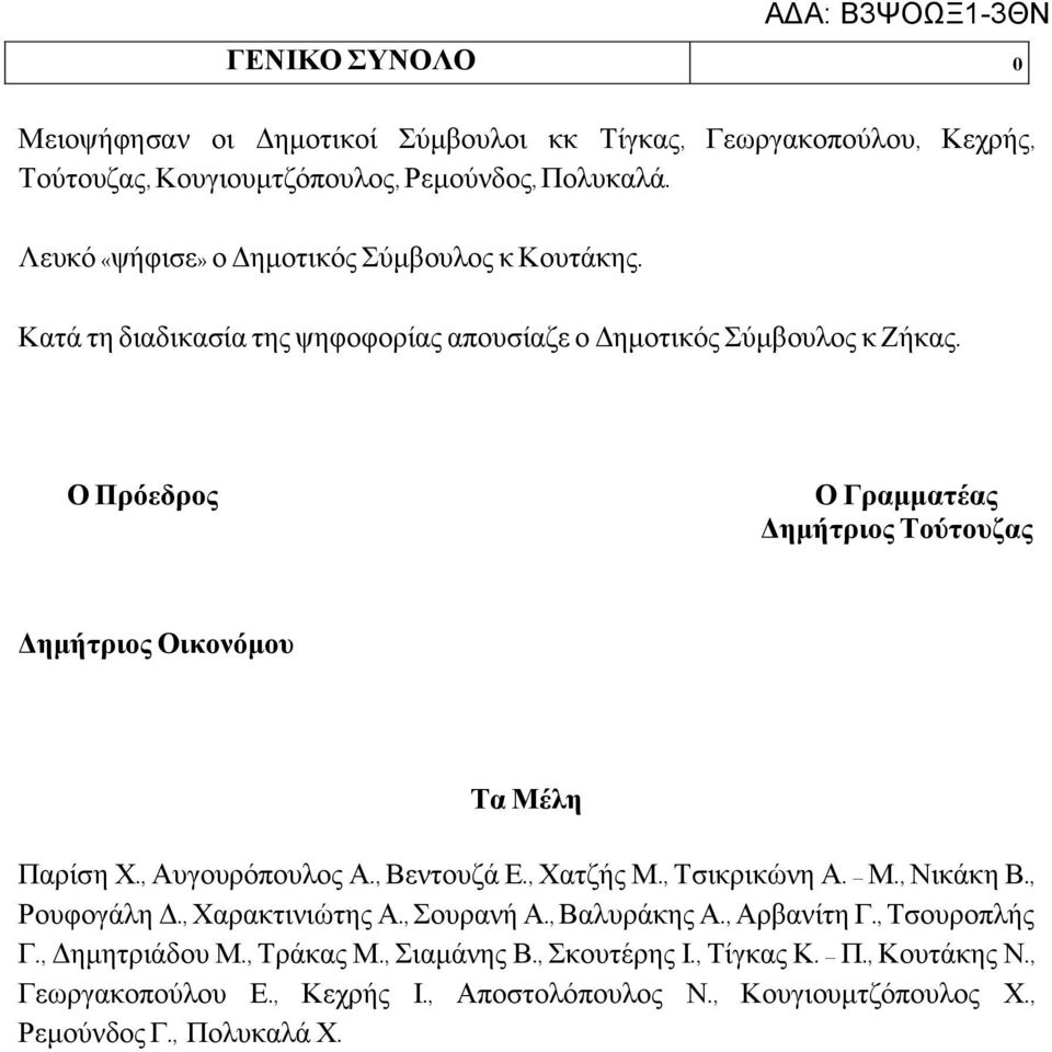 Ο Πρόεδρος Ο Γραμματέας Δημήτριος Τούτουζας Δημήτριος Οικονόμου Τα Μέλη Παρίση Χ., Αυγουρόπουλος Α., Βεντουζά Ε., Χατζής Μ., Τσικρικώνη Α. Μ., Νικάκη Β., Ρουφογάλη Δ.