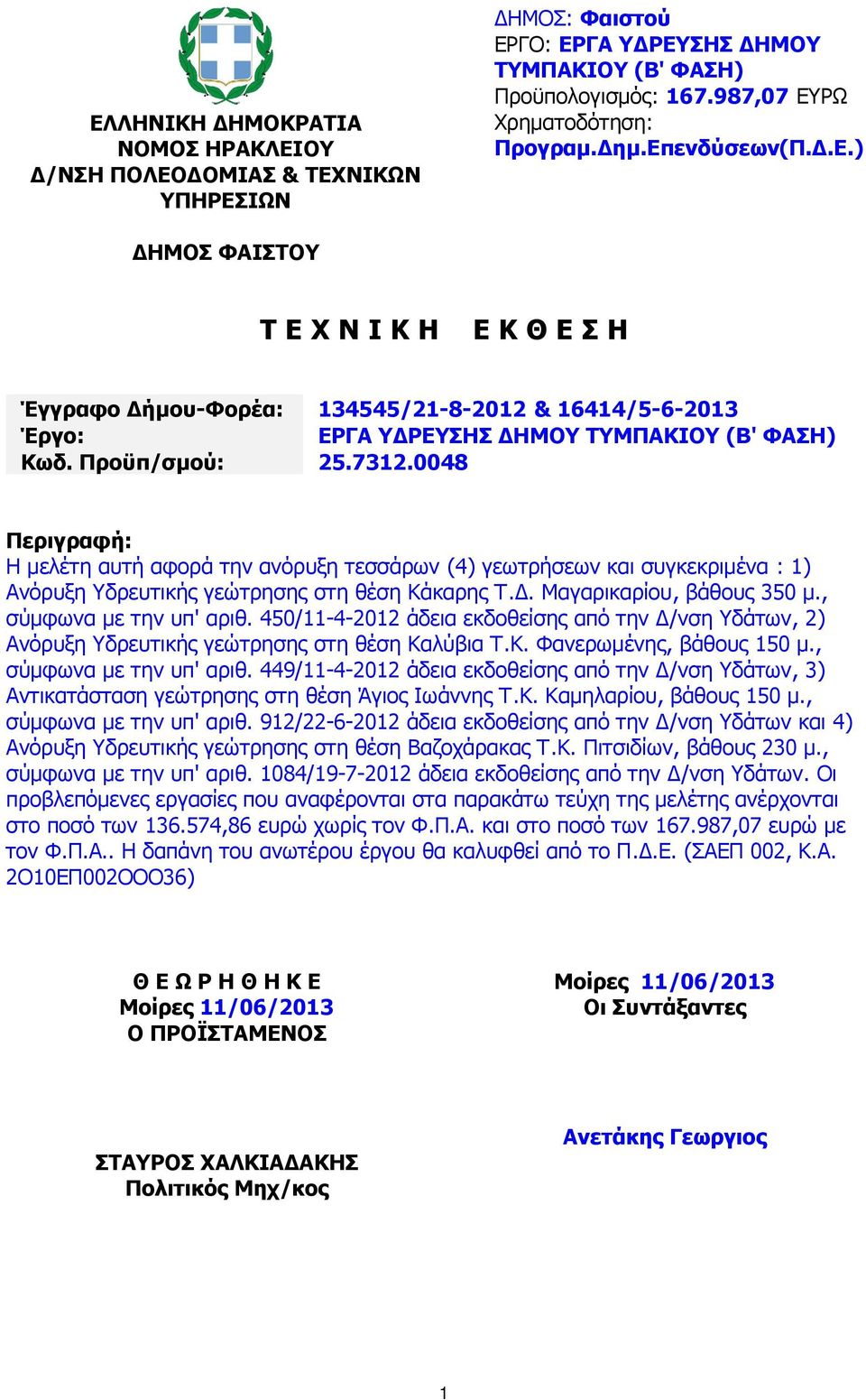 0048 Περιγραφή: Η µελέτη αυτή αφορά την ανόρυξη τεσσάρων (4) γεωτρήσεων και συγκεκριµένα : 1) Ανόρυξη Υδρευτικής γεώτρησης στη θέση Κάκαρης Τ.. Μαγαρικαρίου, βάθους 350 µ., σύµφωνα µε την υπ' αριθ.