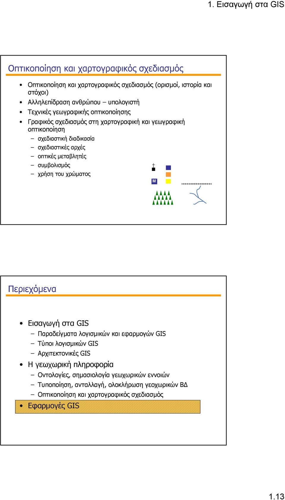 συµβολισµός χρήση του χρώµατος M Περιεχόµενα Εισαγωγή στα GIS Παραδείγµατα λογισµικών και εφαρµογών GIS Τύποι λογισµικών GIS Αρχιτεκτονικές GIS Η γεωχωρική