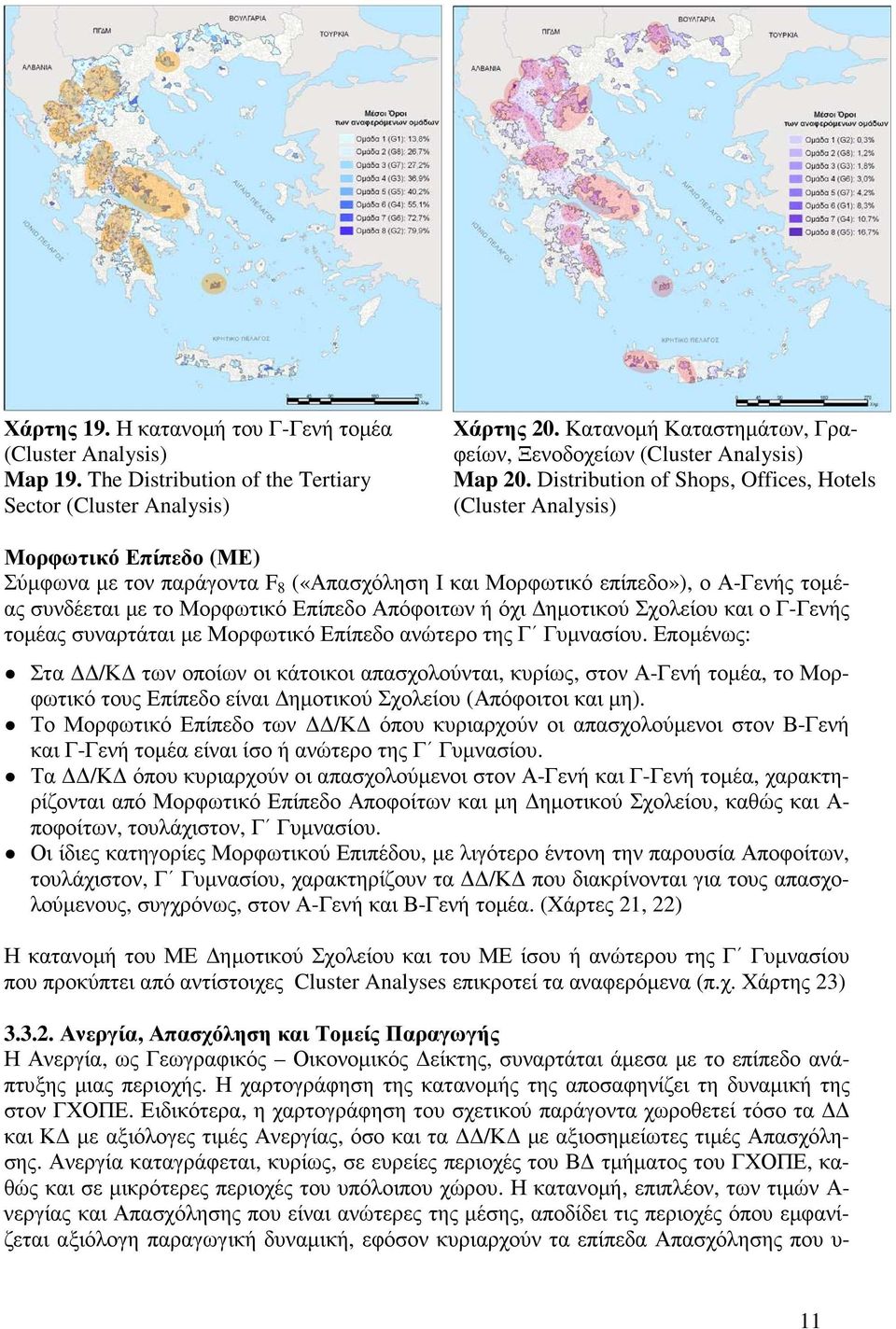 Distribution of Shops, Offices, Hotels (Cluster Analysis) Μορφωτικό Επίπεδο (ΜΕ) Σύµφωνα µε τον παράγοντα F 8 («Απασχόληση I και Μορφωτικό επίπεδο»), ο Α-Γενής τοµέας συνδέεται µε το Μορφωτικό