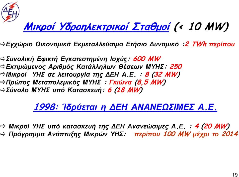 MW) Πρώτος Μεταπολεμικός ΜΥΗΣ : Γκιώνα (8,5 MW) Σύνολο ΜΥΗΣ υπό Κατασκευή: 6 (18 MW) 1998: Ίδρύεται η ΔΕΗ