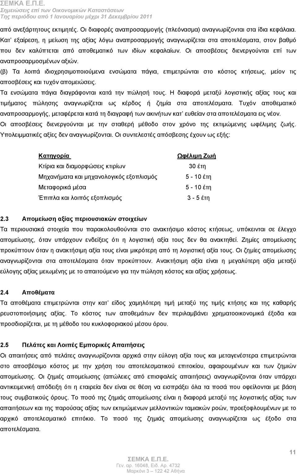 Οι αποσβέσεις διενεργούνται επί των αναπροσαρμοσμένων αξιών. (β) Τα λοιπά ιδιοχρησιμοποιούμενα ενσώματα πάγια, επιμετρώνται στο κόστος κτήσεως, μείον τις αποσβέσεις και τυχόν απομειώσεις.