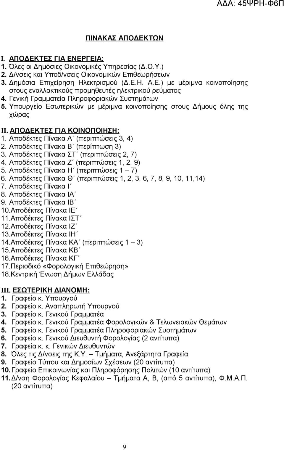 Αποδέκτες Πίνακα Β (περίπτωση 3) 3. Αποδέκτες Πίνακα ΣΤ (περιπτώσεις 2, 7) 4. Αποδέκτες Πίνακα Ζ (περιπτώσεις 1, 2, 9) 5. Αποδέκτες Πίνακα Η (περιπτώσεις 1 7) 6.