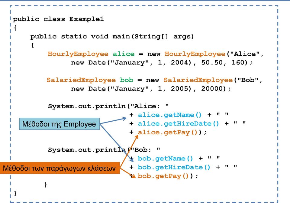 50, 160); SalariedEmployee bob = new SalariedEmployee("Bob", new Date("January", 1, 2005), 20000); System.out.