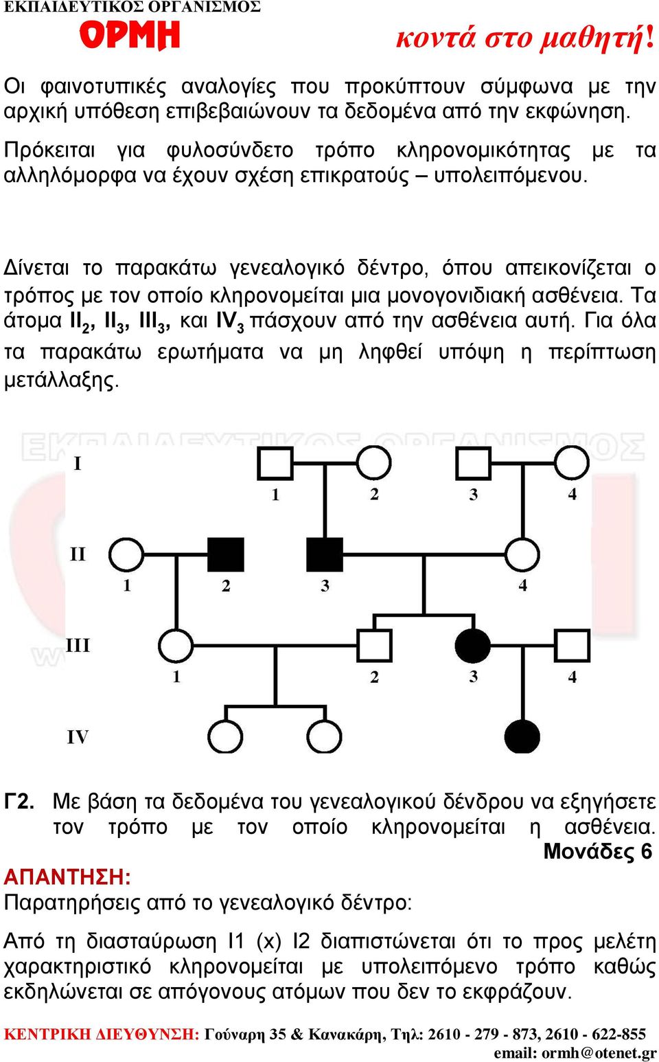 Δίνεται το παρακάτω γενεαλογικό δέντρο, όπου απεικονίζεται ο τρόπος με τον οποίο κληρονομείται μια μονογονιδιακή ασθένεια. Τα άτομα ΙΙ 2, ΙΙ 3, ΙΙΙ 3, και ΙV 3 πάσχουν από την ασθένεια αυτή.