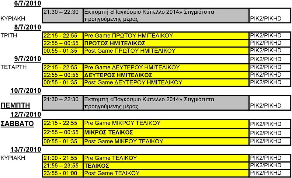 Post Game ΔΕΥΤΕΡΟΥ ΗΜΙΤΕΛΙΚΟΥ 10/7/2010 12/7/2010 22:15-22:55 Pre Game ΜΙΚΡΟΥ ΤΕΛΙΚΟΥ 22:55 00:55 ΜΙΚΡΟΣ ΤΕΛΙΚΟΣ