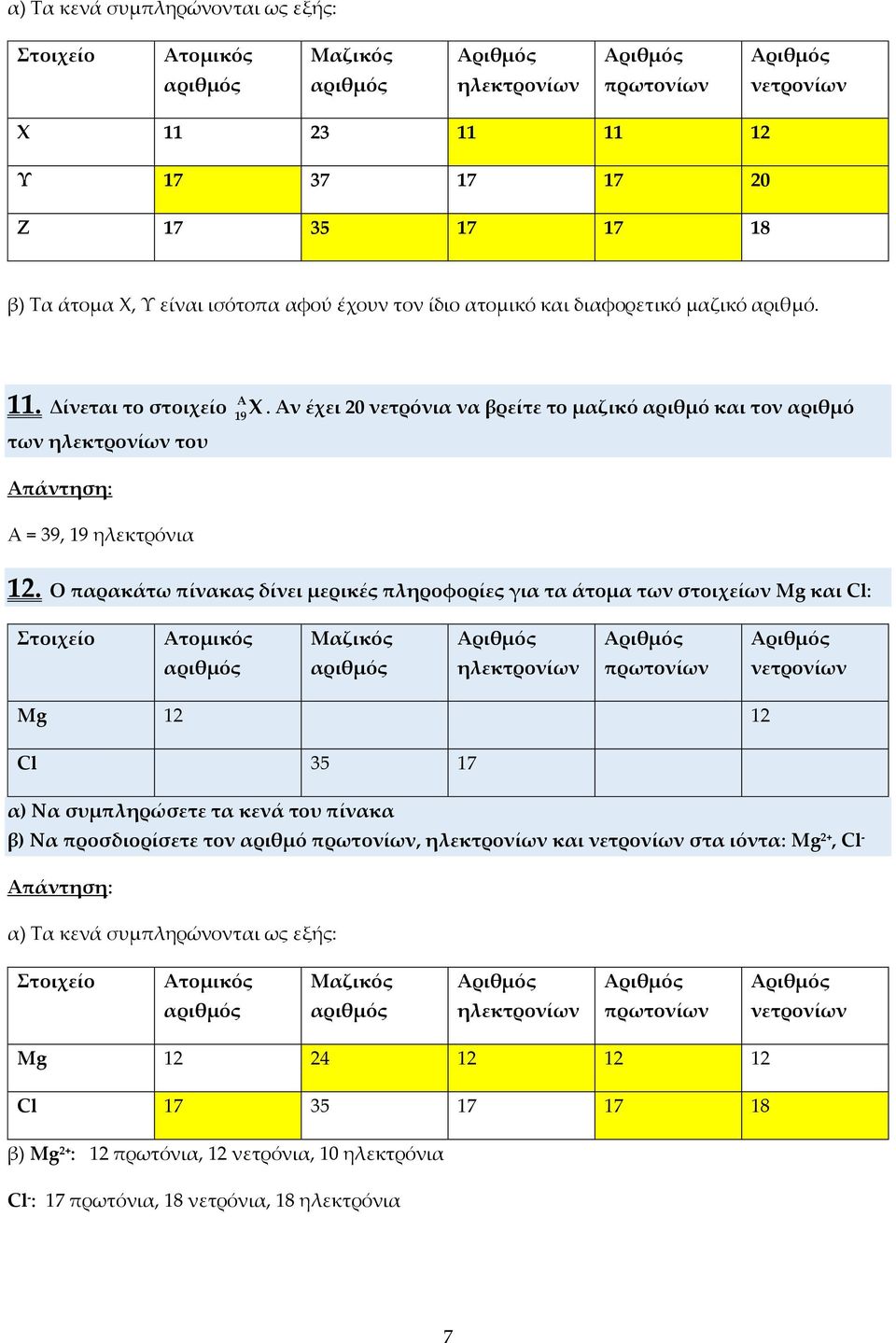 Ο παρακάτω πίνακας δίνει μερικές πληροφορίες για τα άτομα των στοιχείων Mg και Cl: Στοιχείο Ατομικός Μαζικός ηλεκτρονίων πρωτονίων νετρονίων Mg 12 12 Cl 35 17 α) Να συμπληρώσετε τα κενά του πίνακα β)